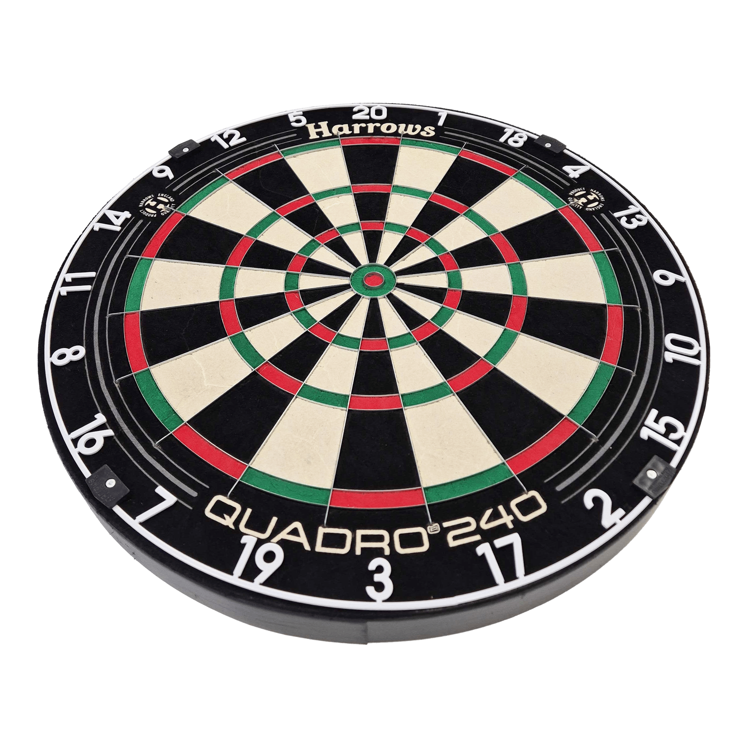 Ocelový terč Harrows Quadro 240 Das Bild zeigt das Steeldartboard "Harrows Quadro 240". Die Dartscheibe ist rund und in verschiedene farbige Segmente unterteilt.