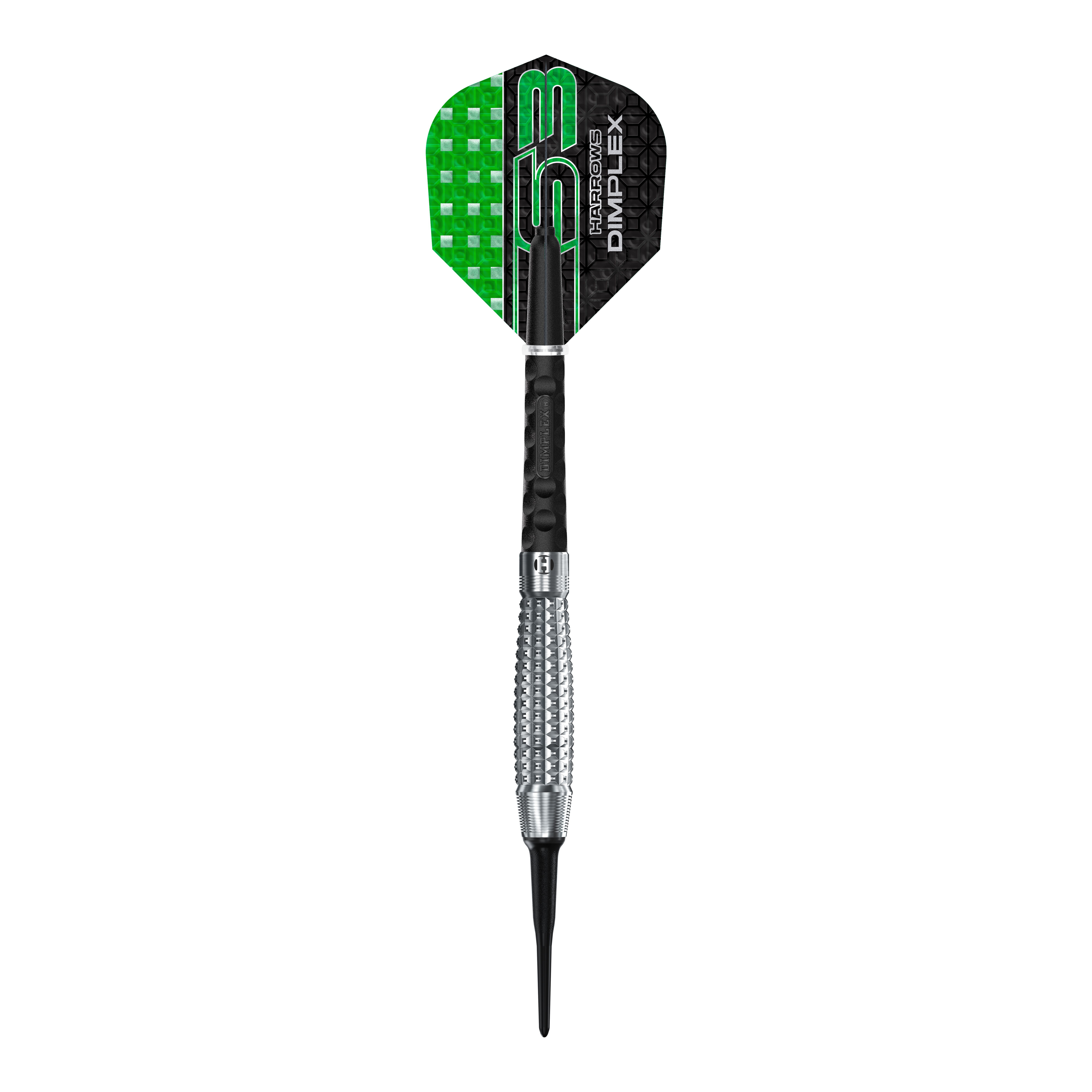 Měkké šipky Harrows Dimplex S3 Bomb Das Bild zeigt einen Harrows Dimplex S3 Bomb Softdart. Der Dart hat eine schwarze und grüne Flight sowie einen silbernen, geriffelten Barrel.