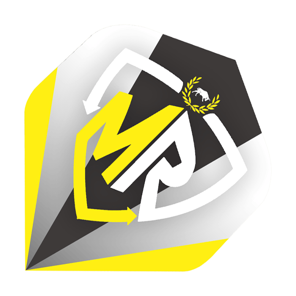 BU50859_Bulls_Powerflite_Rasto_Logo_No2_Standard_Flights_1a Das Bild zeigt das Produkt "Bulls Powerflite Rasto Logo No2 Standard Flights". Die Dartflight ist in den Farben Schwarz, Weiß und Gelb gestaltet und trägt ein auffälliges Logo in der Mitte.