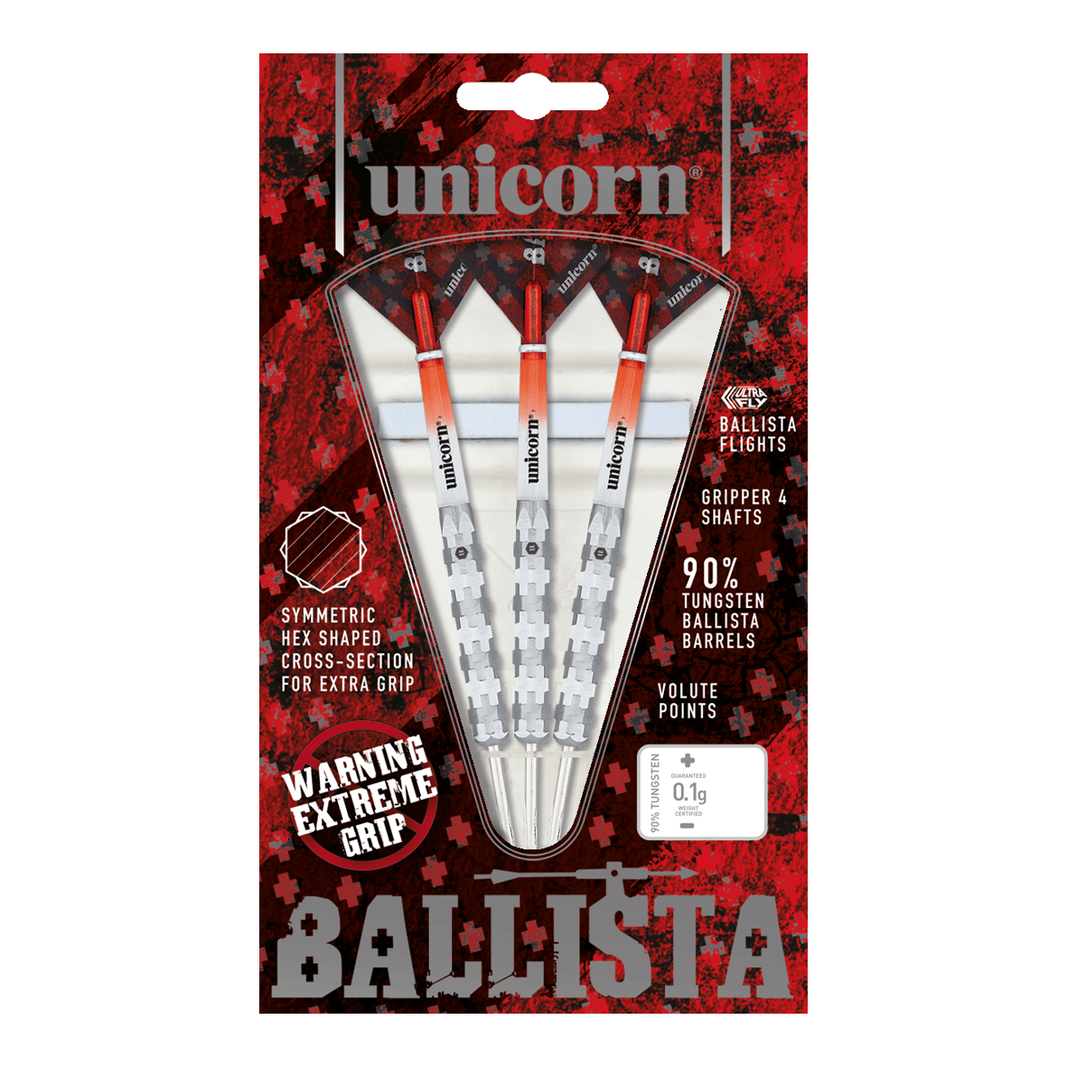 Ocelové šipky Unicorn Ballista Style 1 Das Bild zeigt die "Unicorn Ballista Style 1 Steeldarts" in ihrer Verpackung. Die Darts haben einen extremen Grip und bestehen zu 90% aus Tungsten.
