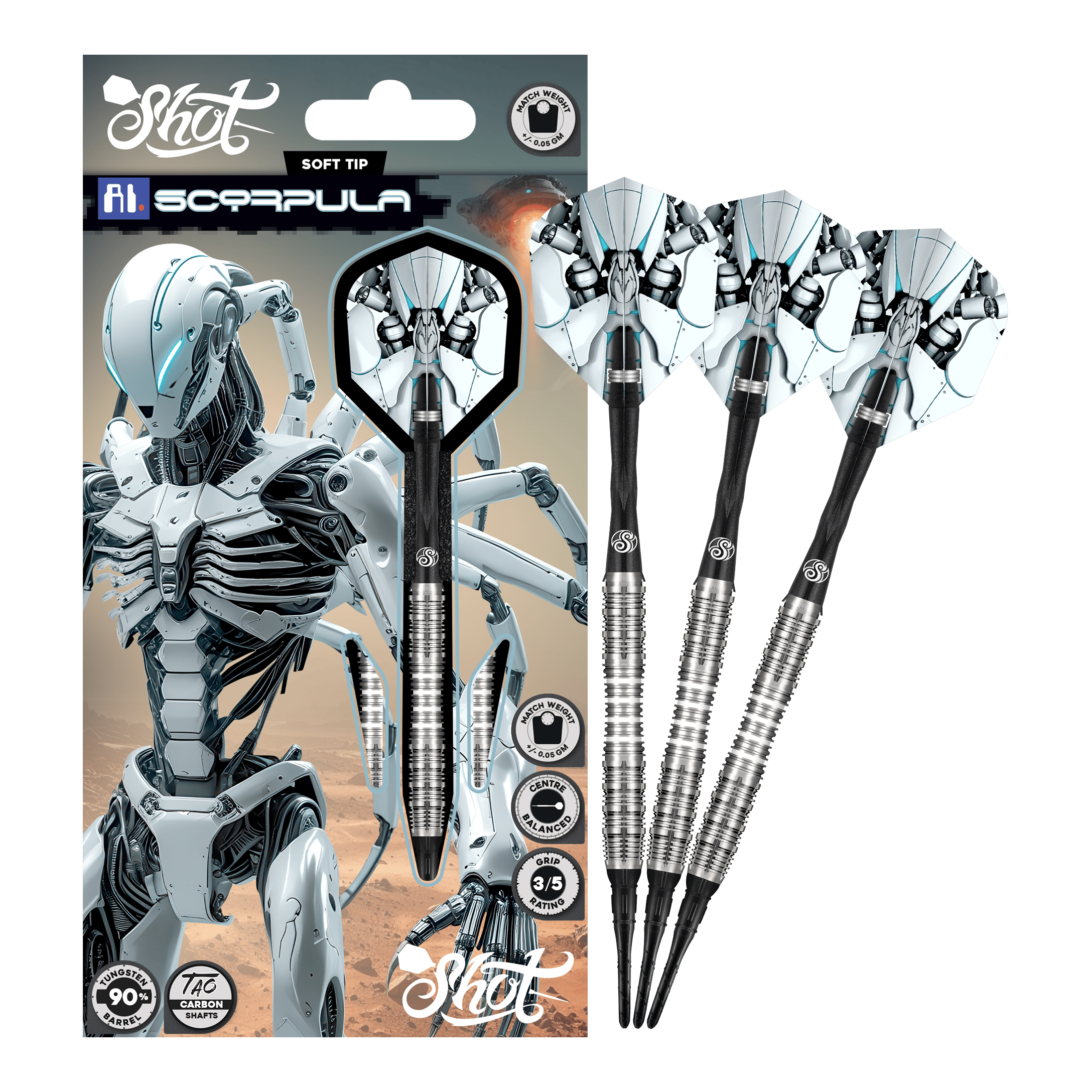 Šipky Shot AI Scorpula Soft - 20g Hier ist der Shot AI Scorpula Softdarts - 20g in voller Länge dargestellt. Der Dart zeichnet sich durch seine hochwertige Verarbeitung aus.