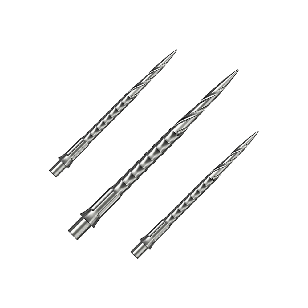 Ocelové hroty na šipky Caliburn System - Spiro - NoLip - stříbrné Das Bild zeigt vermutlich eine Steeldartspitze aus Silber mit einer Länge von 36 mm. Es handelt sich um eine Spiro NoLip Spitze aus dem Caliburn Evo System.