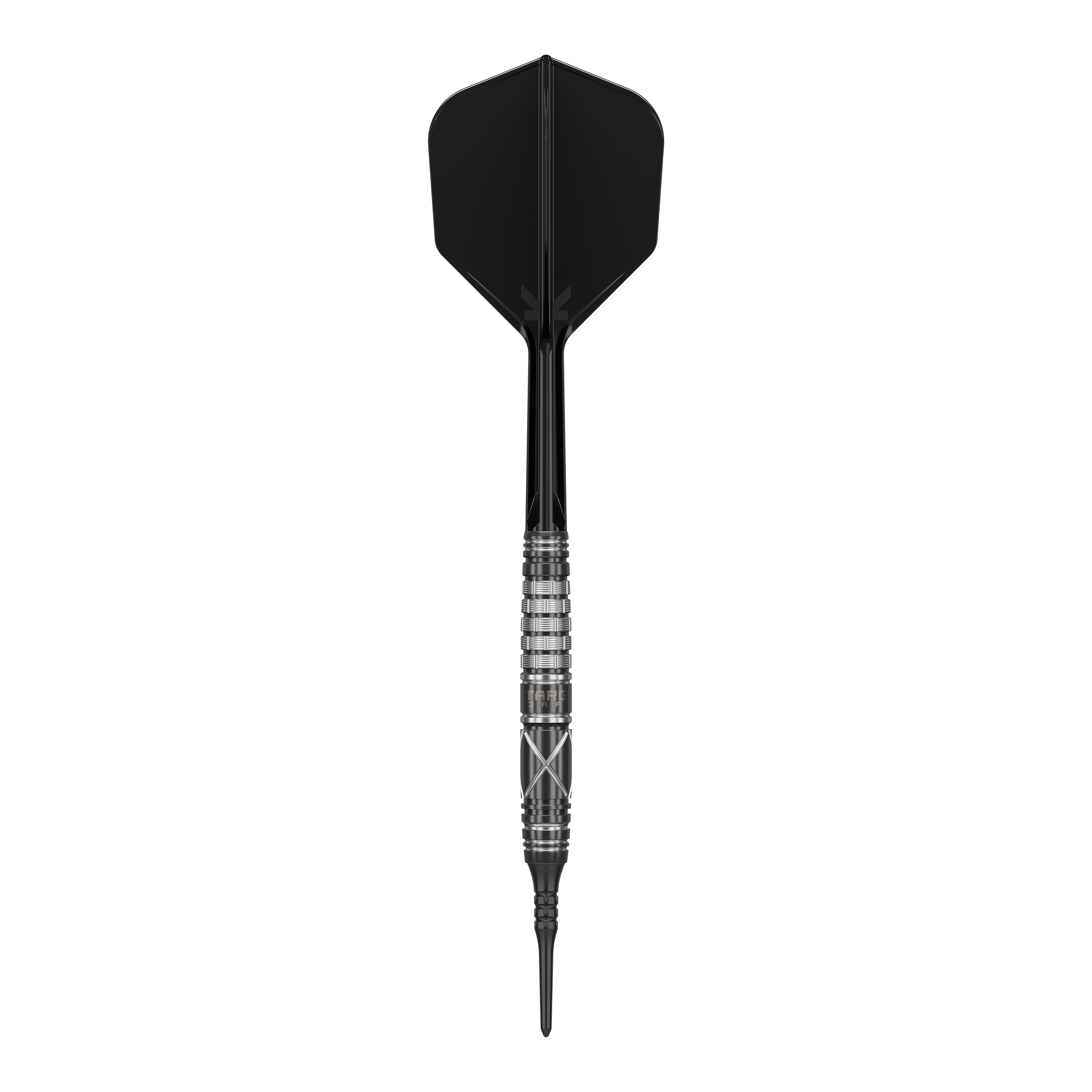 Šipky Target Japan Black Marque Chaos 2 Soft - 19g Das Bild zeigt einen Softdart namens "Target Japan Black Marque Chaos 2" mit einem Gewicht von 19 Gramm. Der Dart hat ein elegantes, schwarzes Design mit silbernen Akzenten am Griff.