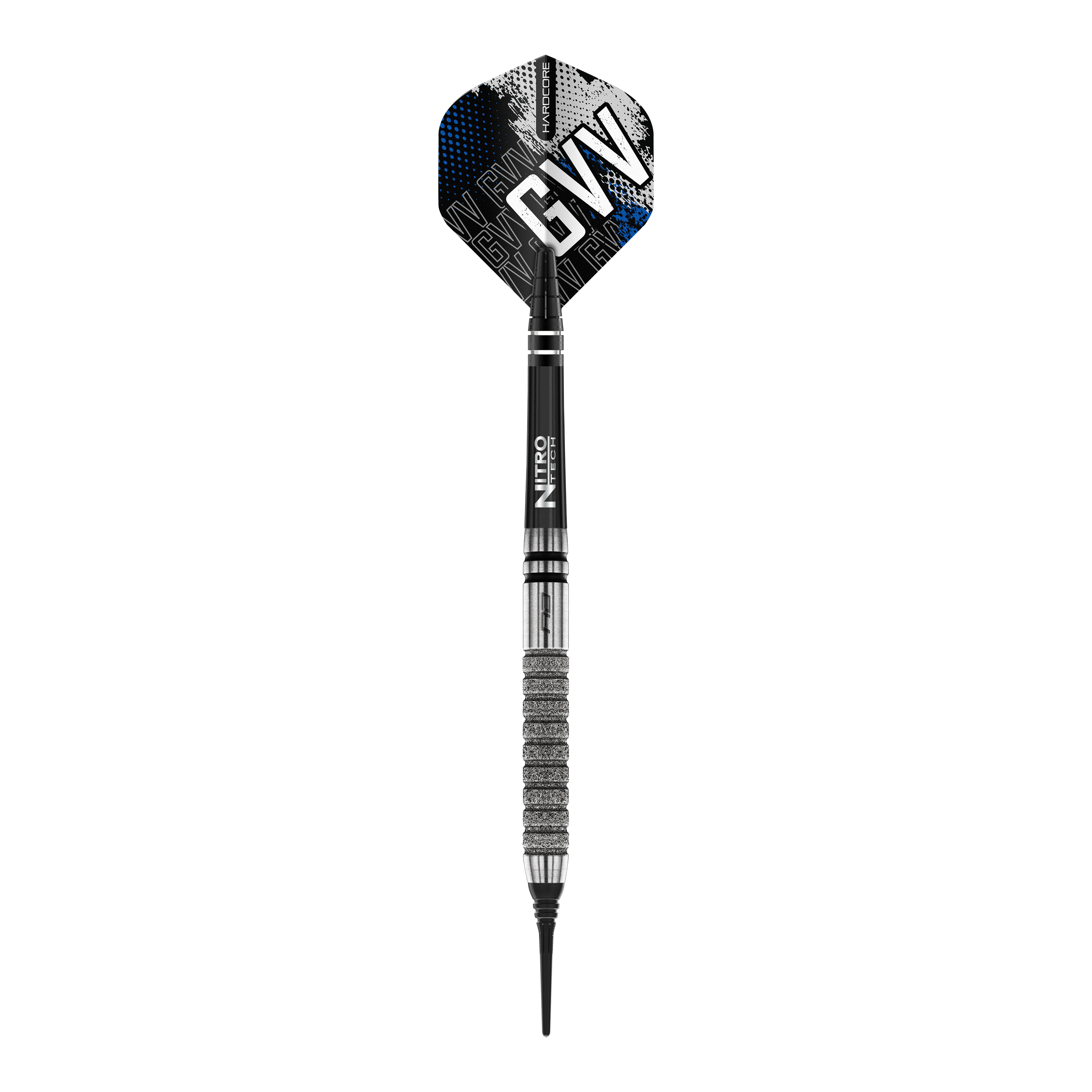Dies ist ein Softdart aus der Serie "Red Dragon Gian Van Veen Tour Edition" mit einem Gewicht von 20g. Der Dart hat ein modernes Design mit silbernen und schwarzen Elementen sowie den Initialen "GVV" auf dem Flight.