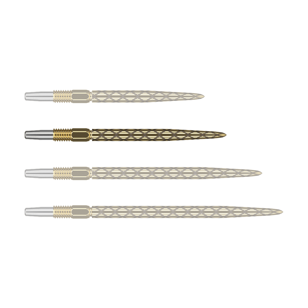 Zaměřte hroty šipek Swiss Diamond Pro Gold Das Bild zeigt vier goldfarbene Dartspitzen mit silberner Spitze, die nebeneinander liegen. Die Oberflächen der Dartspitzen haben ein rautenförmiges Muster.