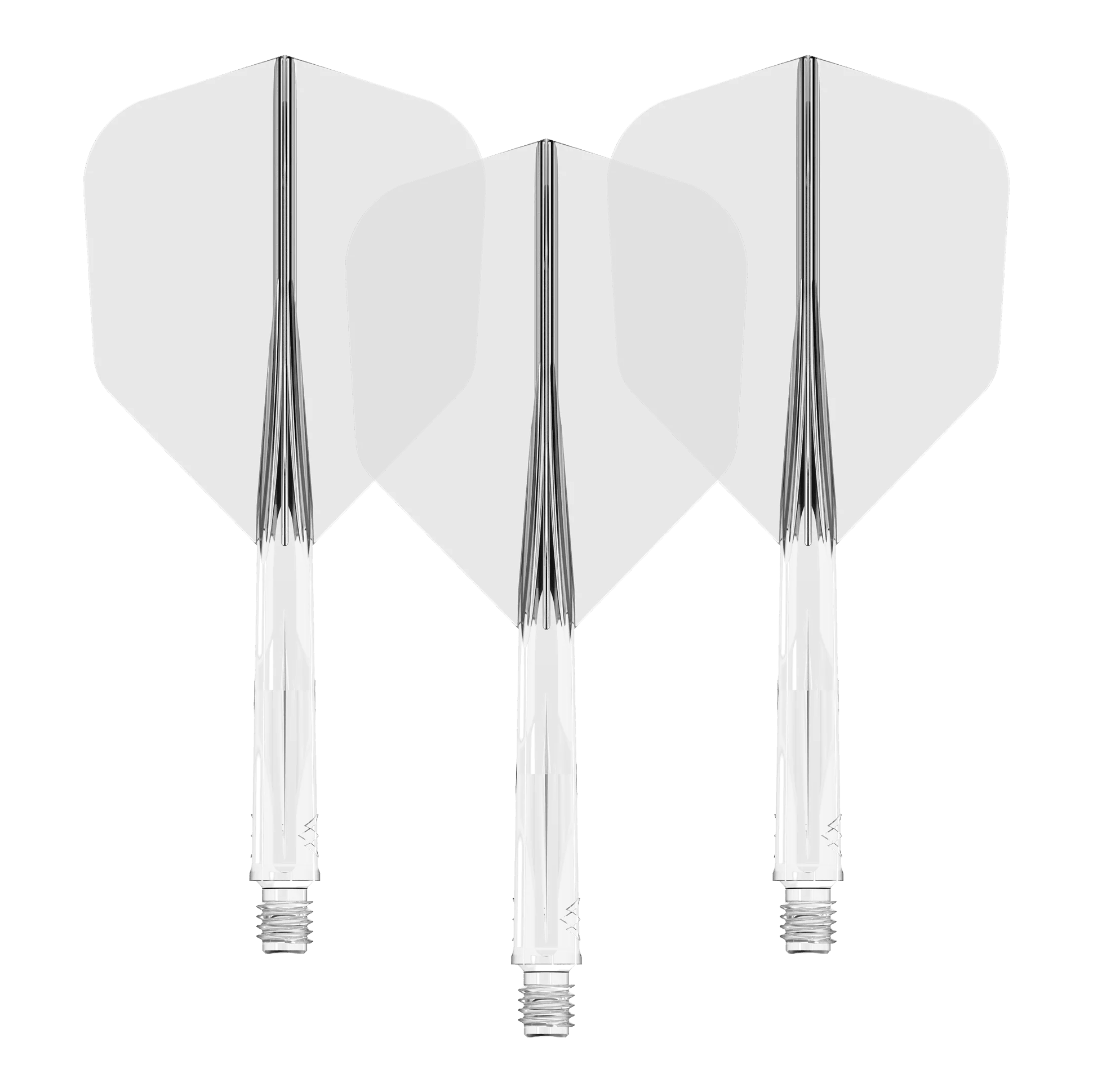Systém letové hřídele Mission Force 90 No6 - Čirý Das Bild zeigt drei durchsichtige Dartschäfte mit weißen Flights. Sie sind nebeneinander in einer Reihe angeordnet.