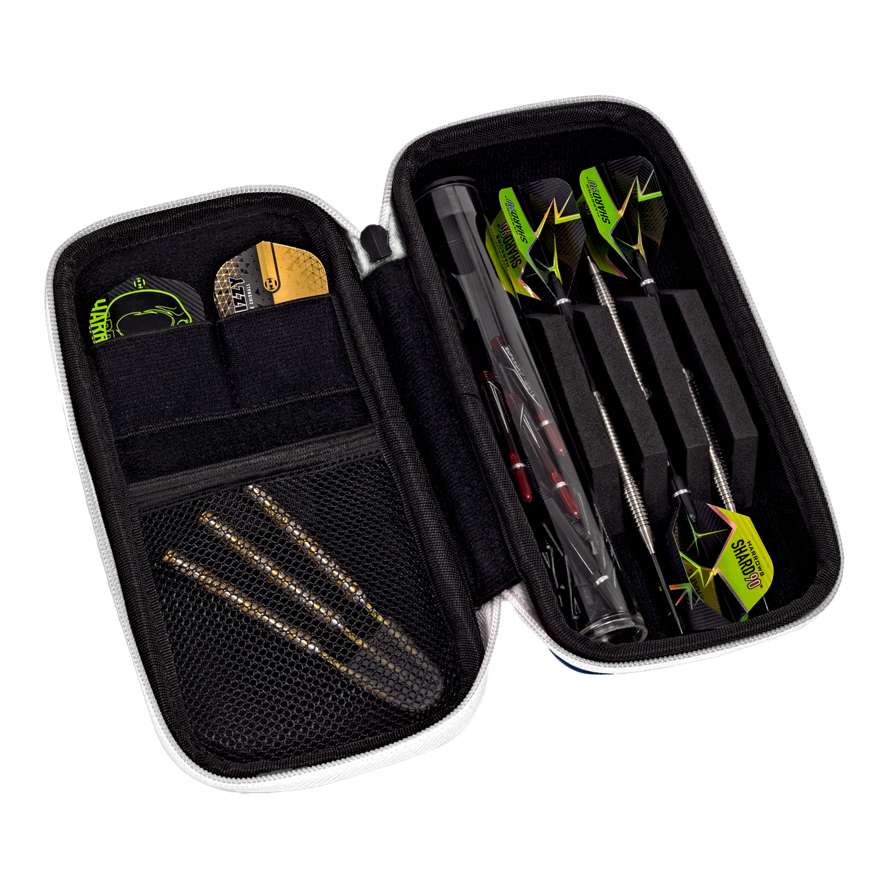 Harrows Smart Case Dartwallet Das Bild zeigt ein geöffnetes Dart-Etui mit mehreren Fächern. Darin befinden sich drei zusammengesteckte Darts, Ersatzteile und weiteres Dart-Zubehör.