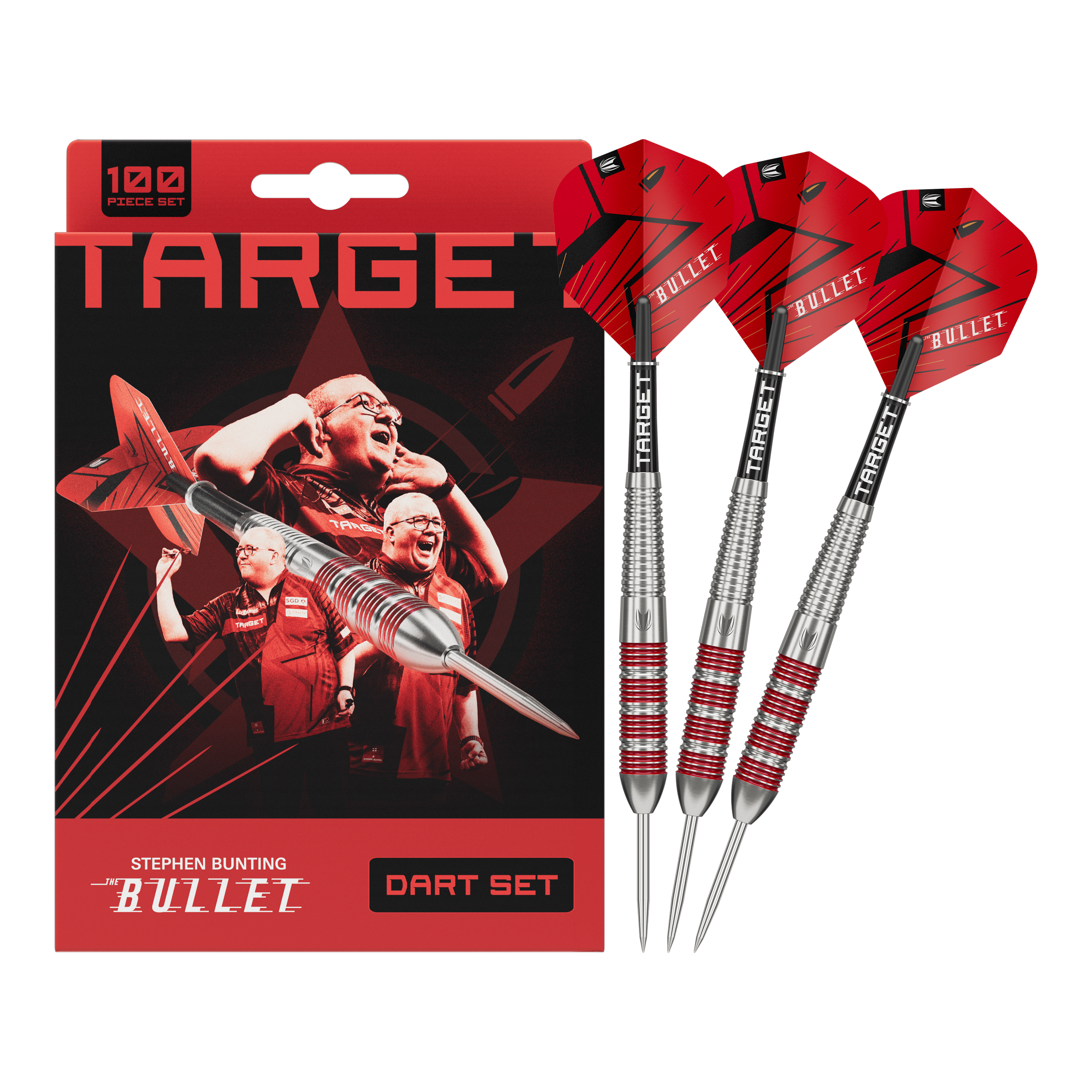 Sada šípů Target Stephen Bunting Bullet, 100 kusů, mosazné ocelové šipky - 22g Sada šípů Target Stephen Bunting Bullet, 100 kusů, mosazné ocelové šipky - 22g