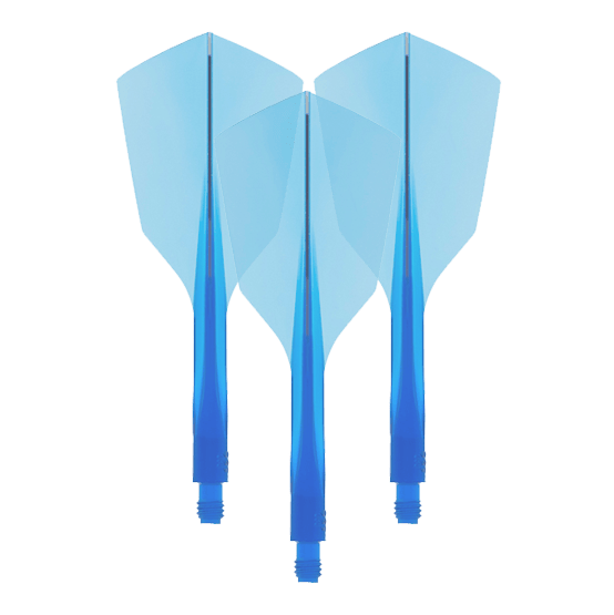 Das Bild zeigt drei blaue Dart-Flights mit integriertem Schaft. Es handelt sich um das Produkt "Condor Axe 120 Flight-System Clear Blue - Narrow".