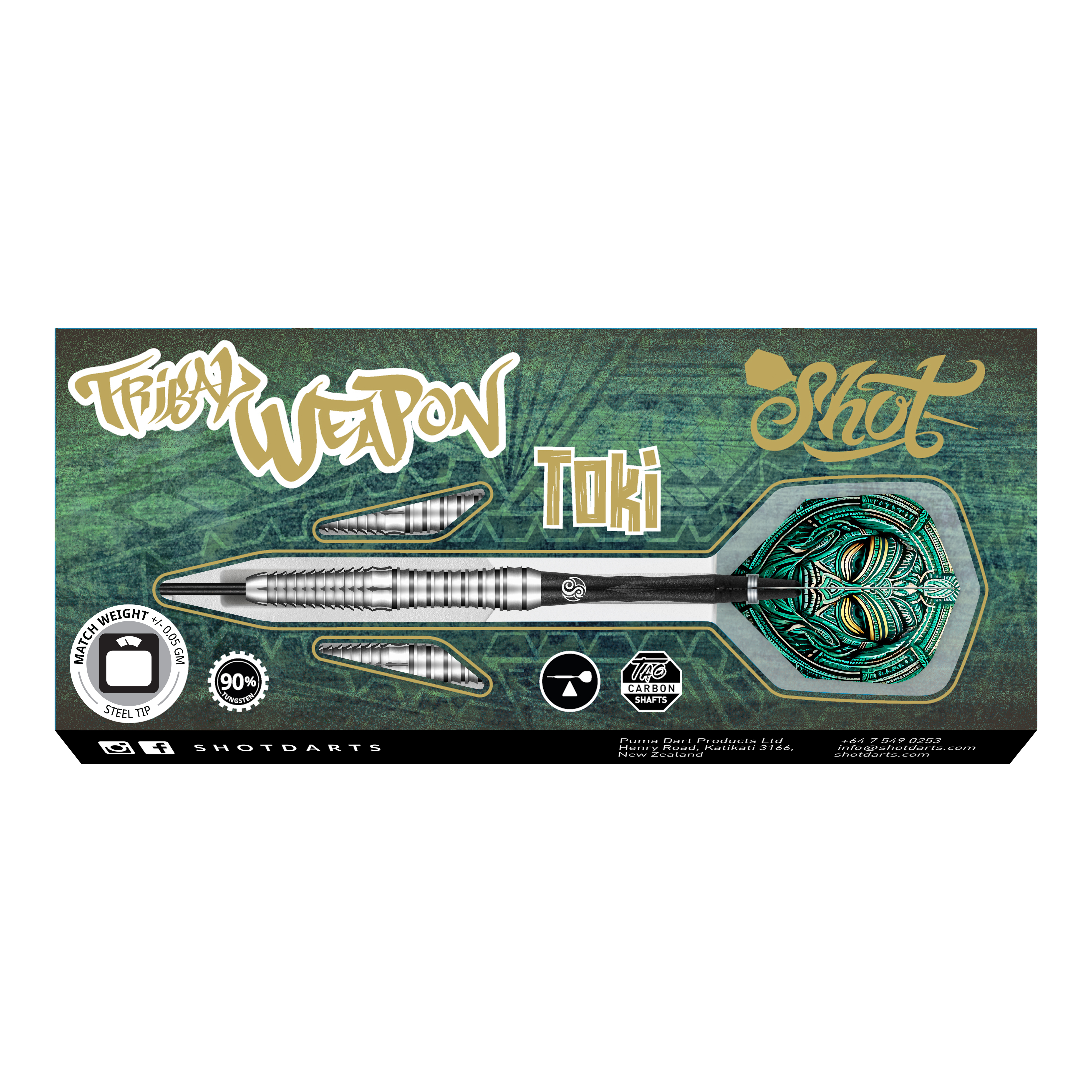 Das Bild zeigt die Verpackung der Shot Tribal Weapon Toki Steeldarts. Auf der Verpackung sind ein Dartpfeil sowie das Tribal-Design und Produktinformationen abgebildet.