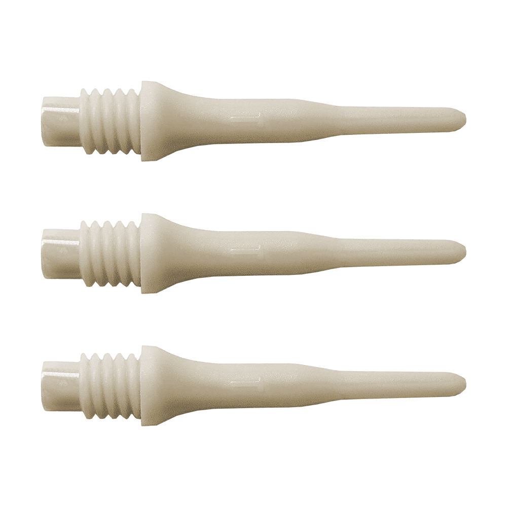 896_Bulls_Tefo_X_Softdart-Spitzen_100erPack_Weiss_1 Das Bild zeigt drei weiße Kunststoffspitzen für Soft-Darts. Es handelt sich um das Produkt "Bulls Tefo X Spitzen (100er Pack)".