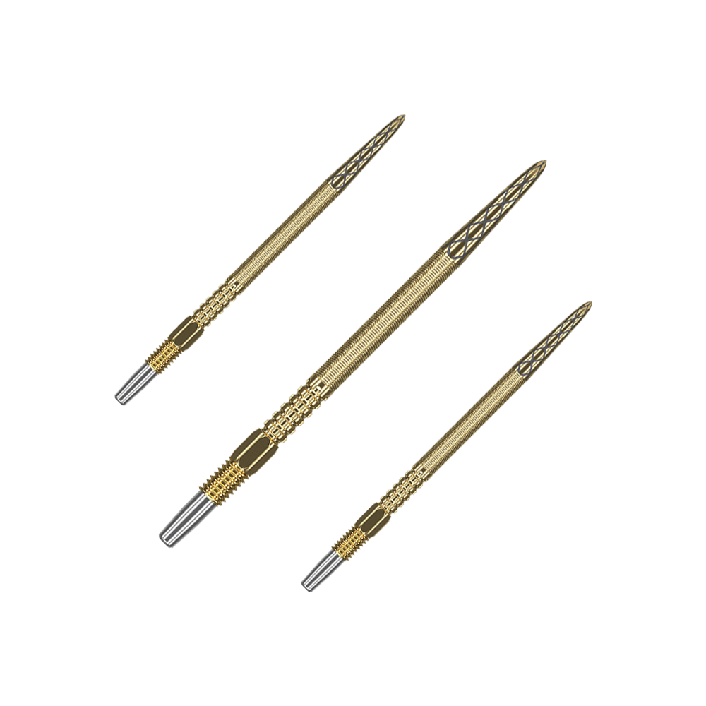 Targetové hroty na šipky Swiss Point DX - zlaté Auf dem Bild sind drei goldene Dartspitzen zu sehen. Sie haben ein feines Rillenmuster und silberne Enden.