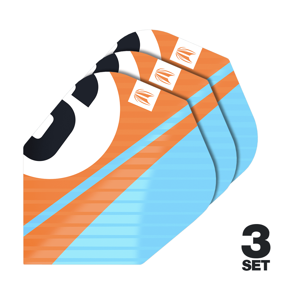 Letenky Target Pro Ultra Chicane Orange No6 – 3 sady Das Bild zeigt drei Sets von Target Pro Ultra Chicane Orange No6 Flights für Dartpfeile. Die Flights sind in Orange, Blau und Schwarz gestaltet und tragen das Target-Logo.