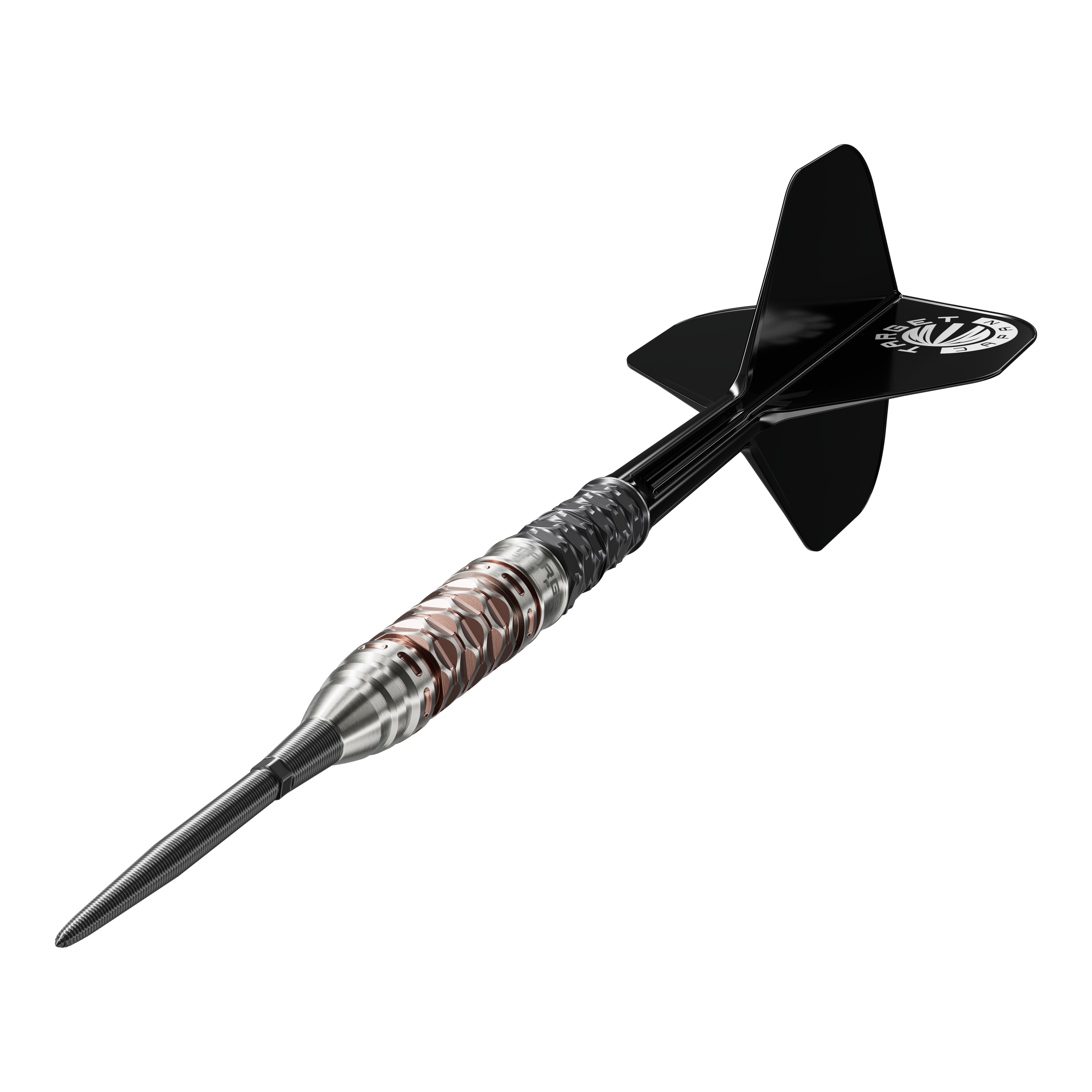 Die Target Japan Charis GEN6 Swiss Point Steeldarts - 23g werden hier abgebildet. Man erkennt das schlanke Barrel und die präzise Verarbeitung.