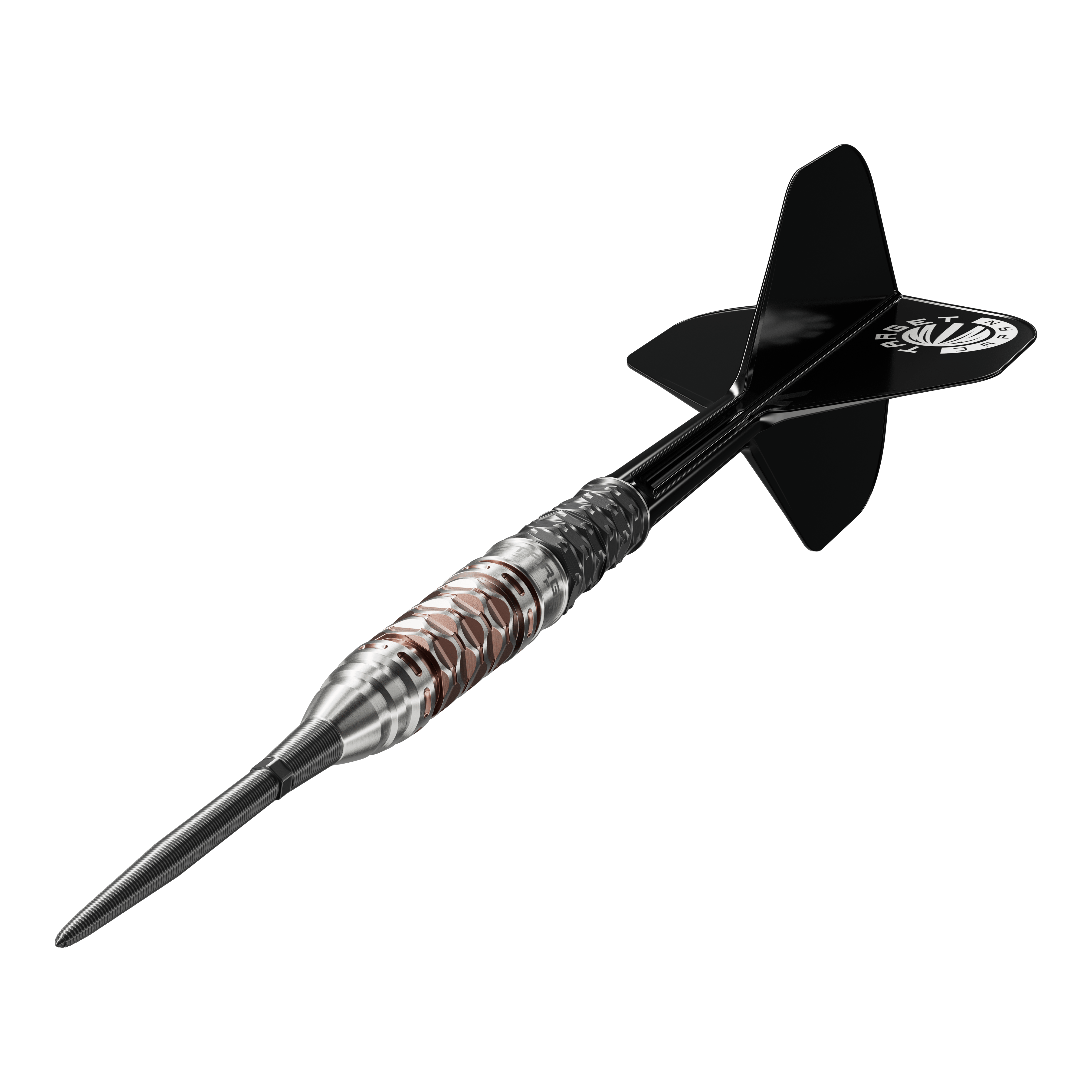 Ocelové šipky Target Japan Charis GEN6 Swiss Point - 23g Die Target Japan Charis GEN6 Swiss Point Steeldarts - 23g werden hier abgebildet. Man erkennt das schlanke Barrel und die präzise Verarbeitung.