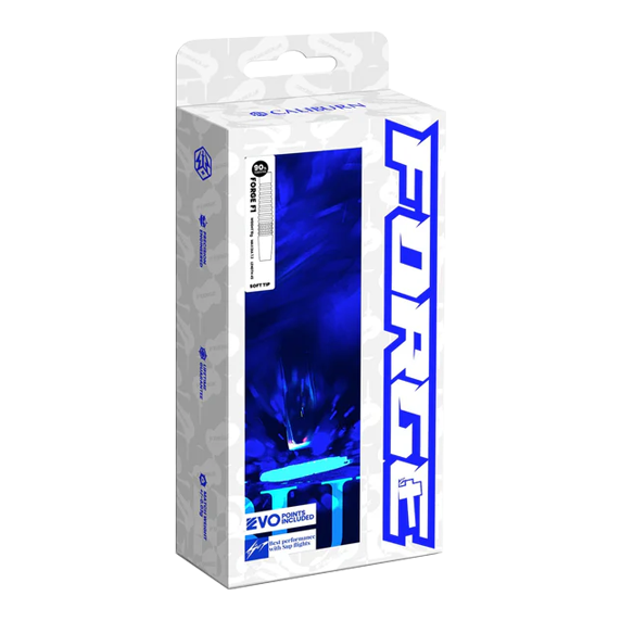 Ocelové šipky Caliburn Forge F3 - 22g Die Abbildung zeigt die Verpackung der „Caliburn Forge F3 Steeldarts - 22g“. Die Box ist überwiegend weiß mit blauen Akzenten und großem „FORGE“-Schriftzug an der Seite.