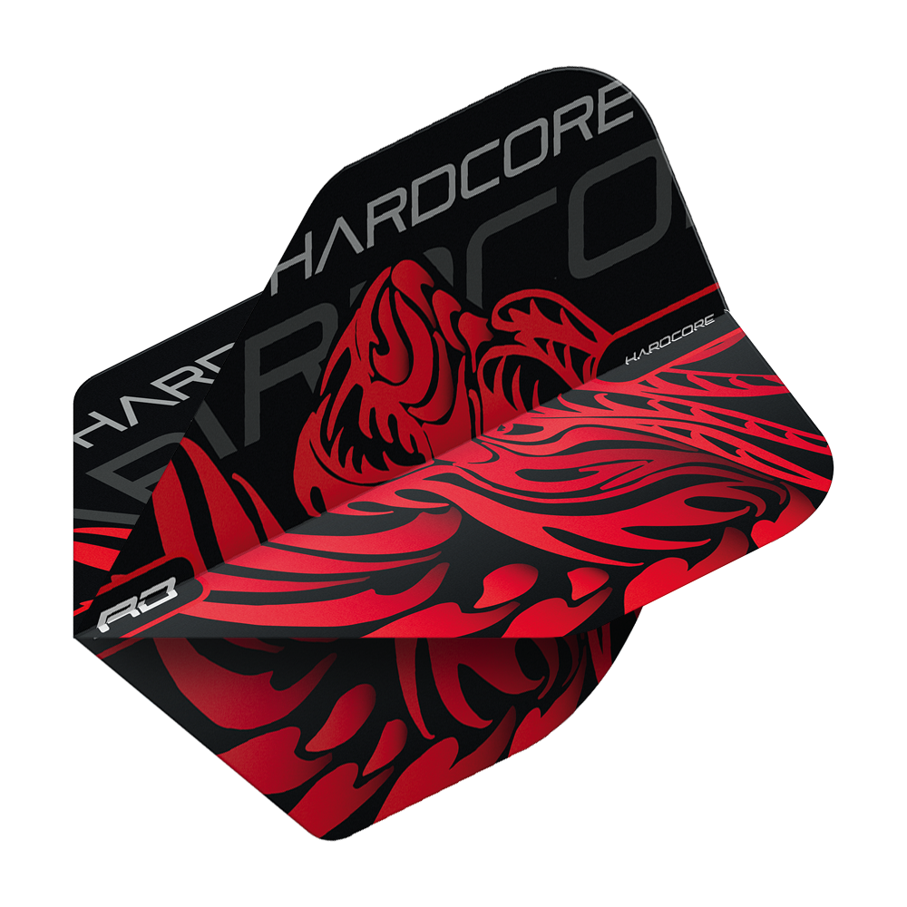 TF6537_Red_Dragon_Hardcore_Jonny_Clayton_Dragon_Standard_Flights_2 Das Bild zeigt ein Dart-Flight mit dem Namen "Red Dragon Hardcore Jonny Clayton Dragon Standard Flights". Das Flight ist schwarz und rot gestaltet und zeigt ein Drachenmotiv sowie den Schriftzug "HARDCORE".
