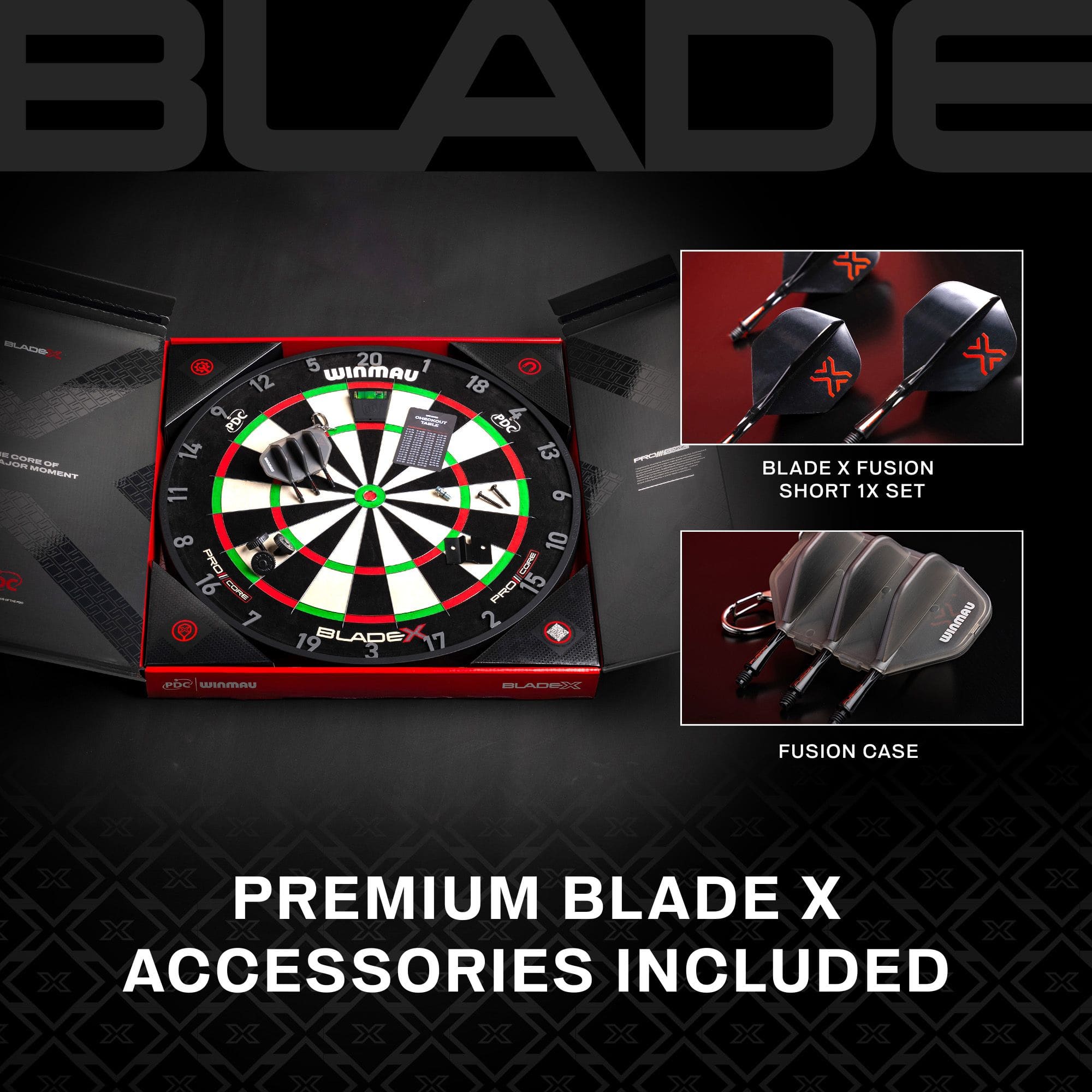 Ocelový terč Winmau Blade X ProCore Das Bild zeigt eine Detailaufnahme des Winmau Blade X ProCore Steeldartboards. Es hebt die Besonderheiten der Scheibe hervor.