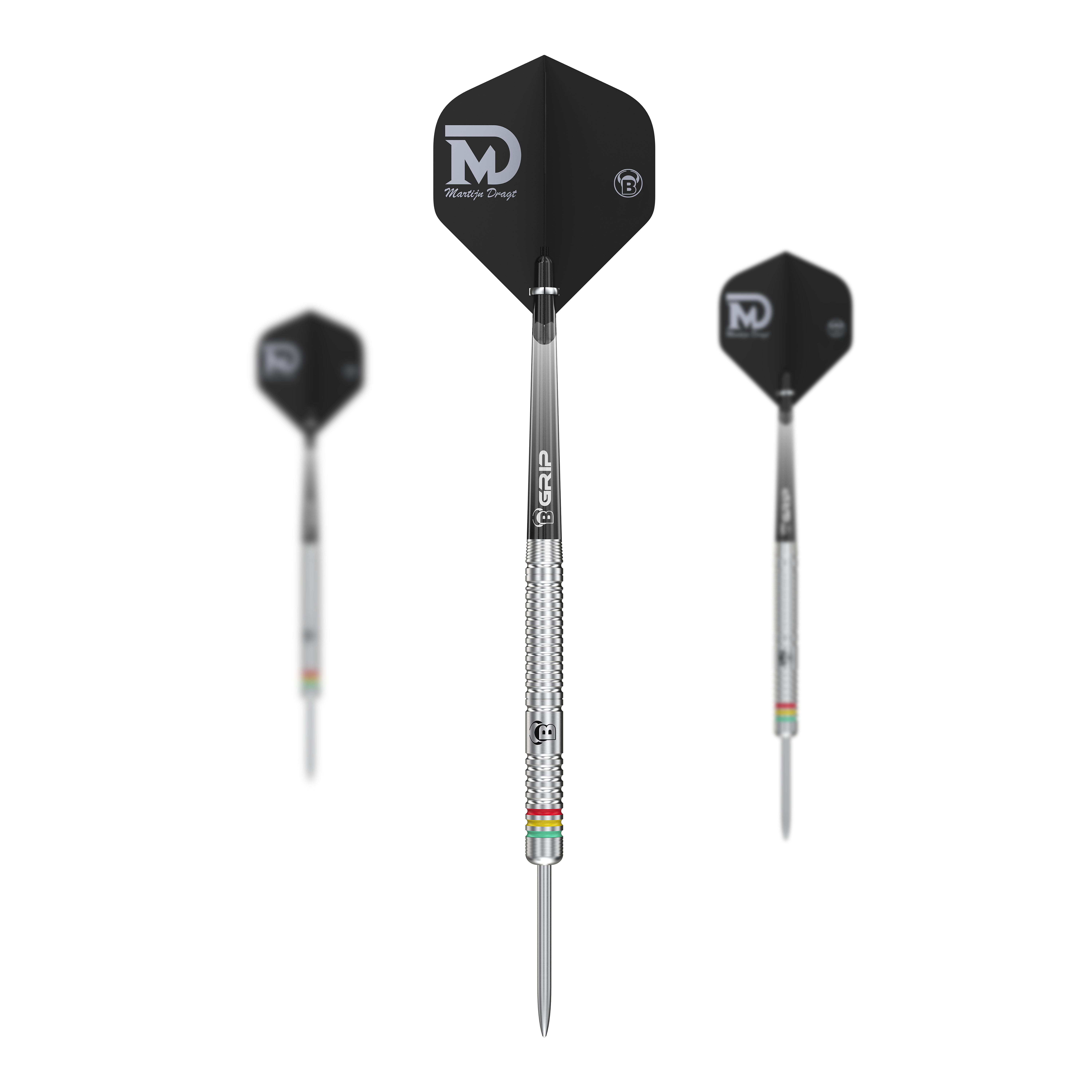 Bulls Martijn Dragt Steel Darts - 24g Das Bild zeigt drei Steeldarts mit silbernem Griff und schwarzem Flight. Auf dem Flight steht „Martijn Dragt“ sowie das Kürzel „MD“.