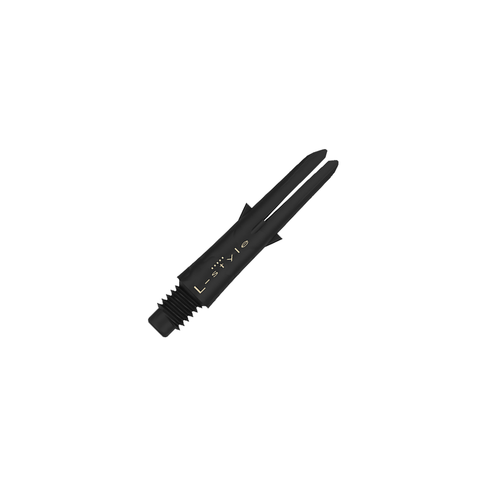 Das Bild zeigt einen schwarzen Dart-Schaft aus Carbon mit der Aufschrift "L-style". Der Schaft ist ohne Kappen und hat ein Gewinde am unteren Ende.