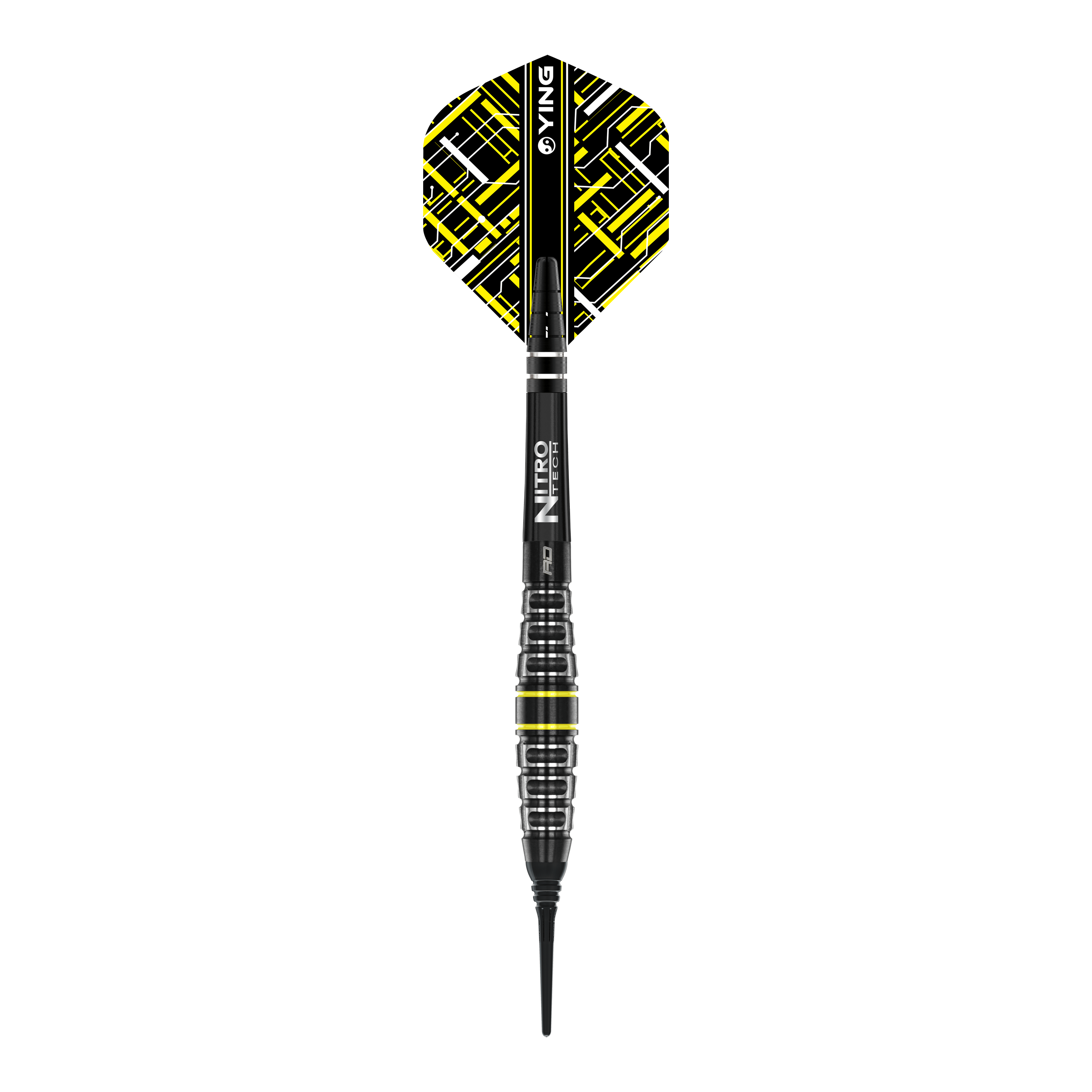 Šipky Red Dragon Astraeus Q4X Torpedo Soft - 20g Das Bild zeigt den Red Dragon Astraeus Q4X Torpedo Softdart mit einem Gewicht von 20g. Der Dart hat ein modernes Design mit schwarzen und gelben Akzenten.