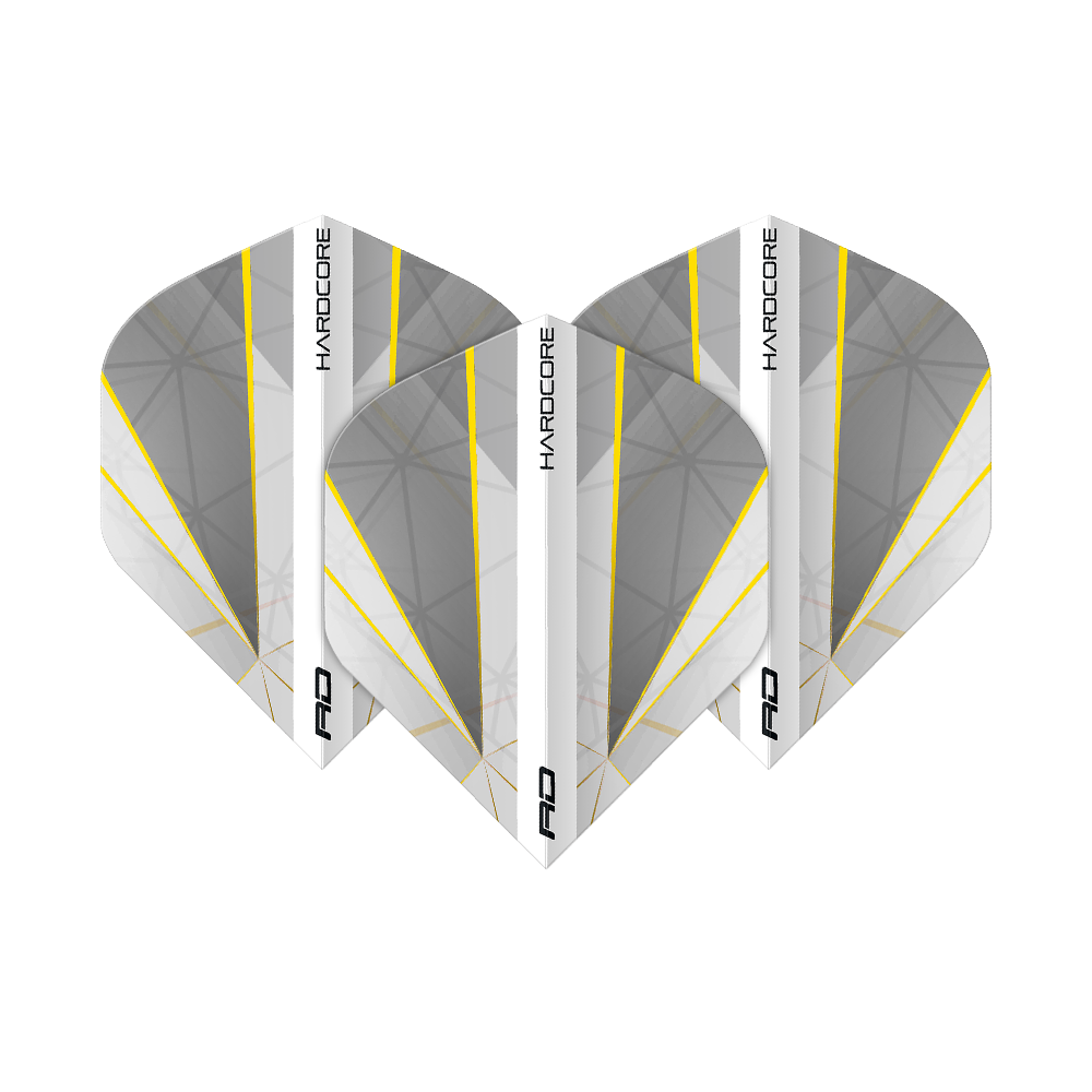 Das Bild zeigt drei Dart-Flights des Produkts "Red Dragon Hardcore Seren Pure No2 Standard Flights". Die Flights sind grau mit weißen und gelben Linien und tragen die Aufschrift "HARDCORE".