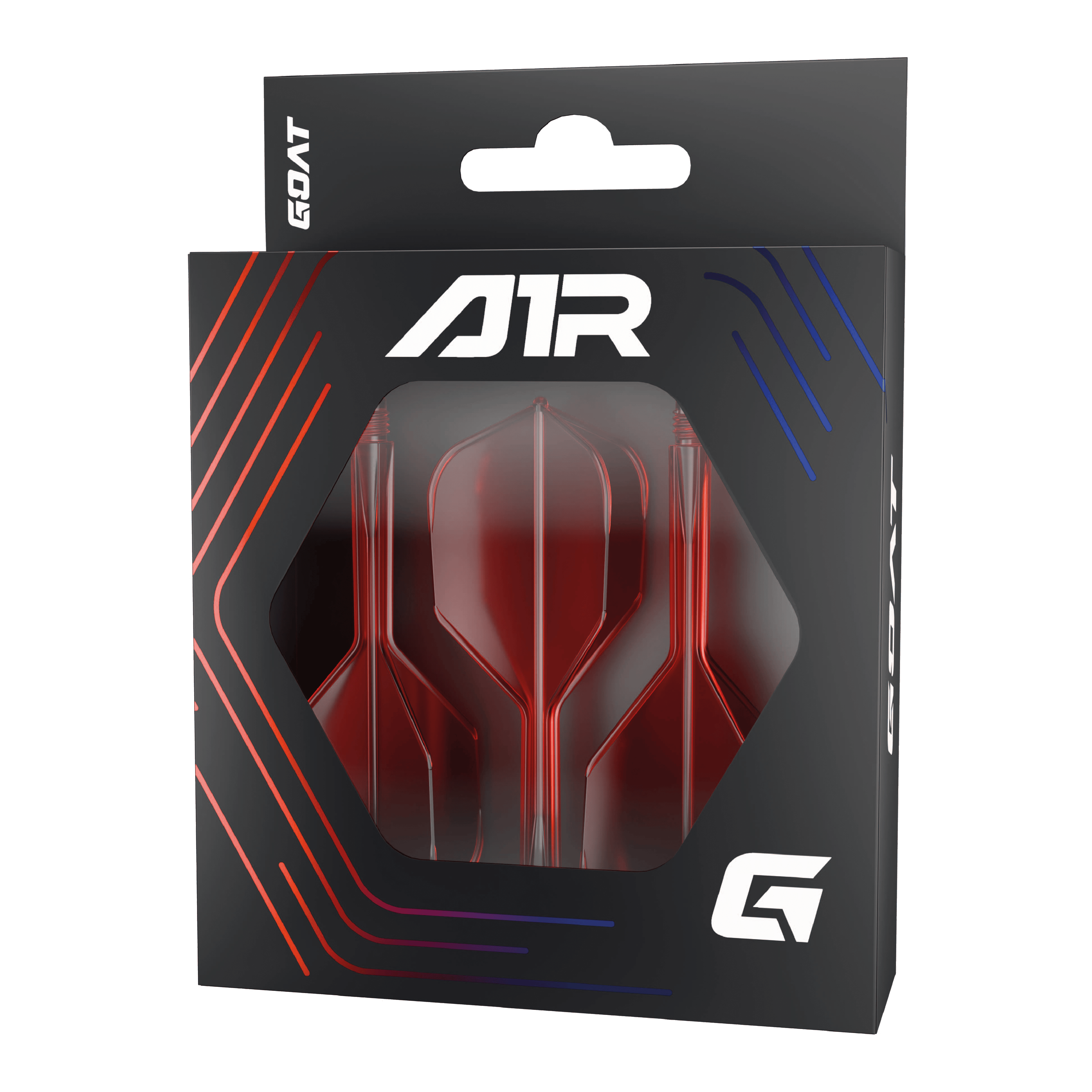 Systém letmých hřídelí GOAT A1R No6 - červený Die Abbildung zeigt das Produkt "GOAT A1R No6 Flight-Shaft-System – Rot" in seiner Verpackung. Im Sichtfenster der Schachtel sind drei rote Dart-Flights und -Schäfte zu sehen.