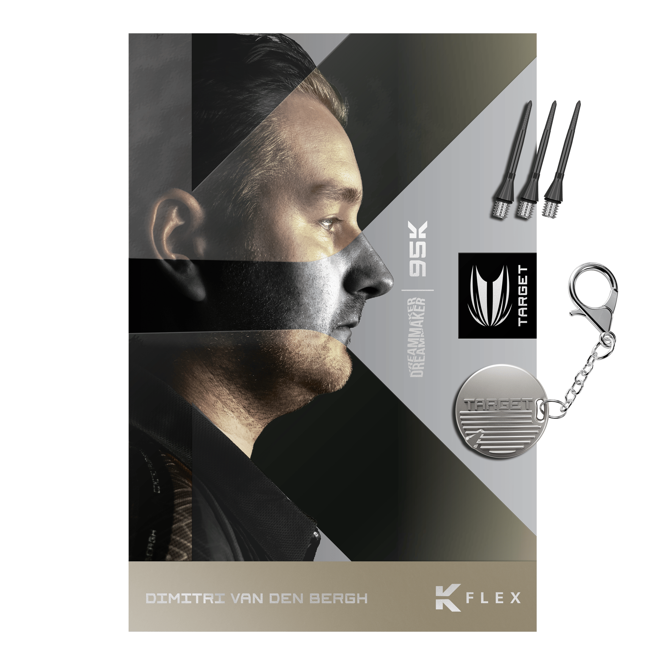 Měkké šipky Target Dimitri Van Den Bergh 95K - 19g Das Bild zeigt die Target Dimitri Van Den Bergh 95K Softdarts mit einem Gewicht von 19 Gramm. Die Softdarts sind für präzises Werfen und professionelles Dartspiel konzipiert.