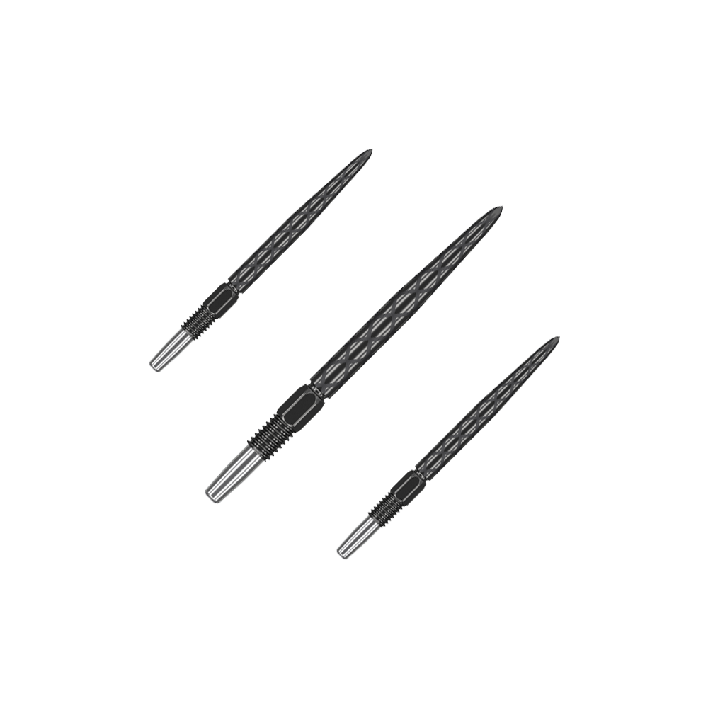 Zaměřte hroty šipek Swiss Diamond Pro Black Points Das Bild zeigt drei schwarze Dartspitzen mit silbernem Ende. Die Spitzen haben ein Rautenmuster und sind nebeneinander angeordnet.