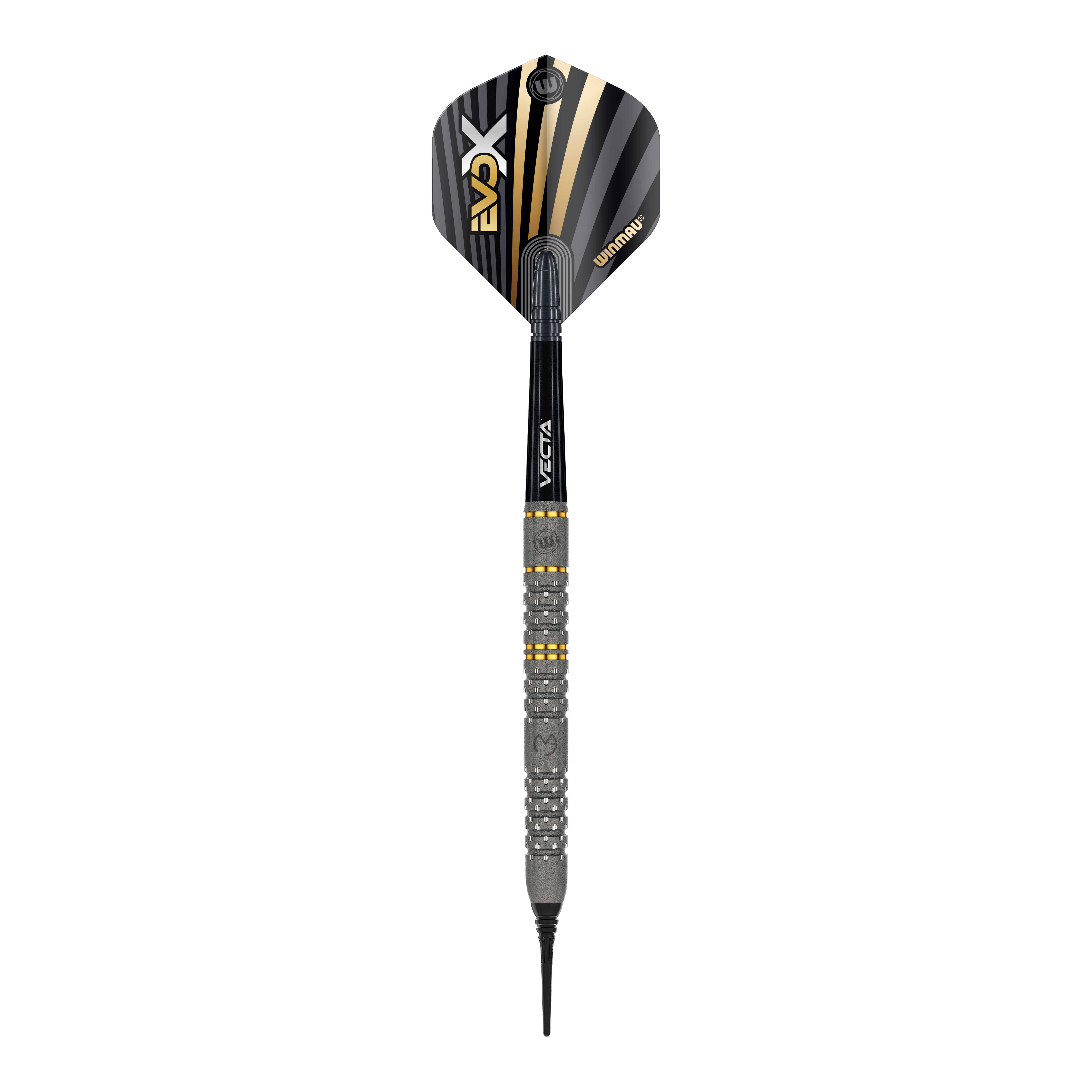 Winmau Michael Van Gerwen Evo-X Softdarts - 20g Das Bild zeigt einen Winmau Michael Van Gerwen Evo-X Softdart mit einem Gewicht von 20g. Der Dart hat ein modernes Design mit schwarz-goldenen Akzenten und einer strukturierten Griffzone.