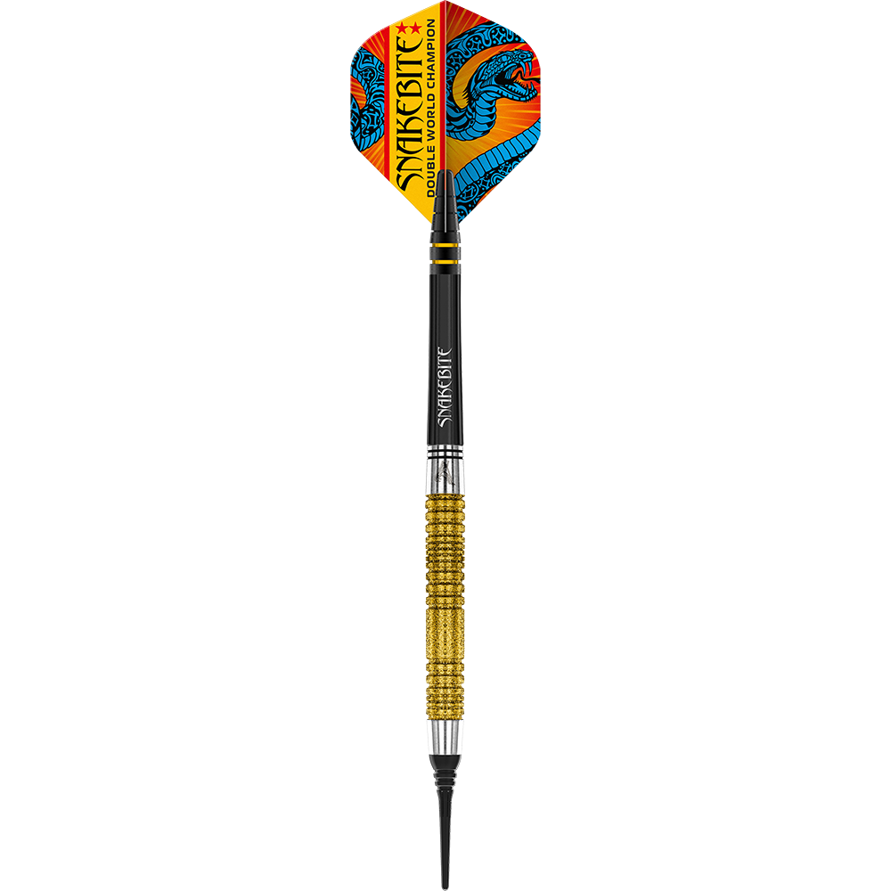 Šipky Red Dragon Peter Wright Double World Champion SE Gold Plus Softdarts - 20g Das Bild zeigt einen Softdart mit goldfarbenem Griff und bunter Spitze. Auf dem Flight steht "Snakebite Double World Champion" und es ist ein blauer Drache abgebildet.