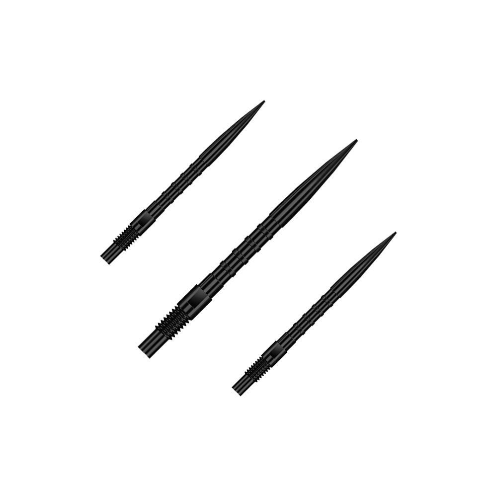 Špičky na šipky Harrows Quick Point Heavy Metal - černé Zu sehen ist QP33164 Harrows Quick Point HeavyMetalGrip Dartspitzen Schwarz 26mm 1Set. Es handelt sich um schwarze Ersatz-Dartspitzen mit speziellem Grip.