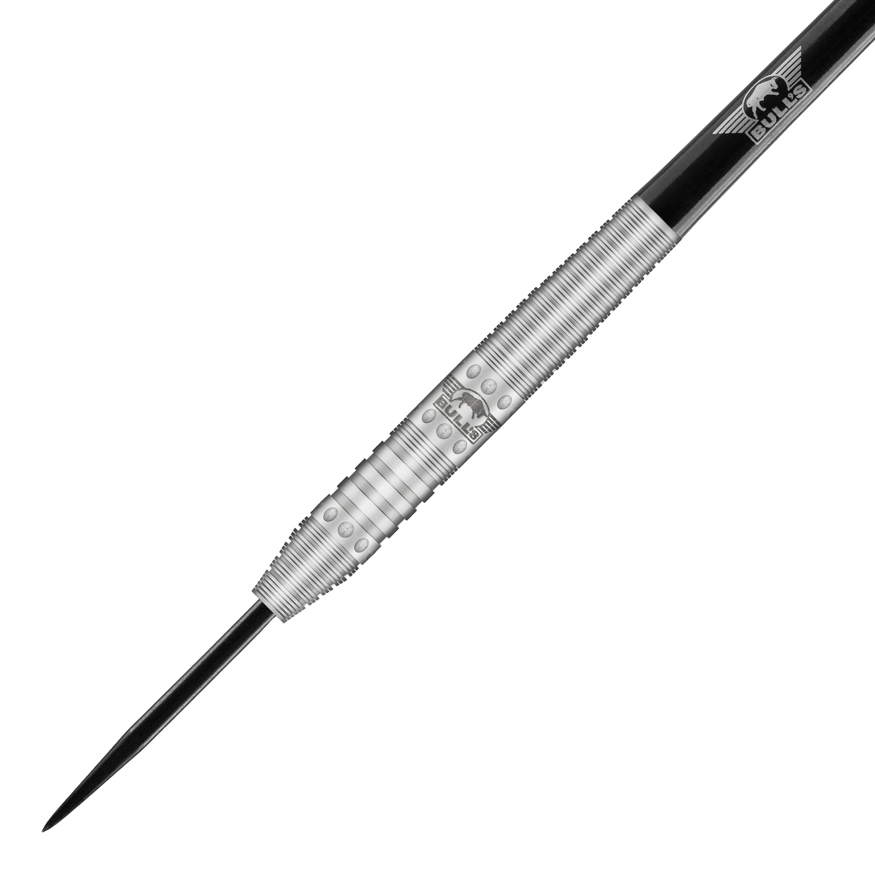 Bulls NL Richard Veenstra 80 ocelové šipky - 23g Das Bild zeigt einen silbernen Steeldartpfeil mit schwarzer Spitze und silbernen Ringen. Auf dem Barrel ist das Logo von Bulls NL eingraviert.