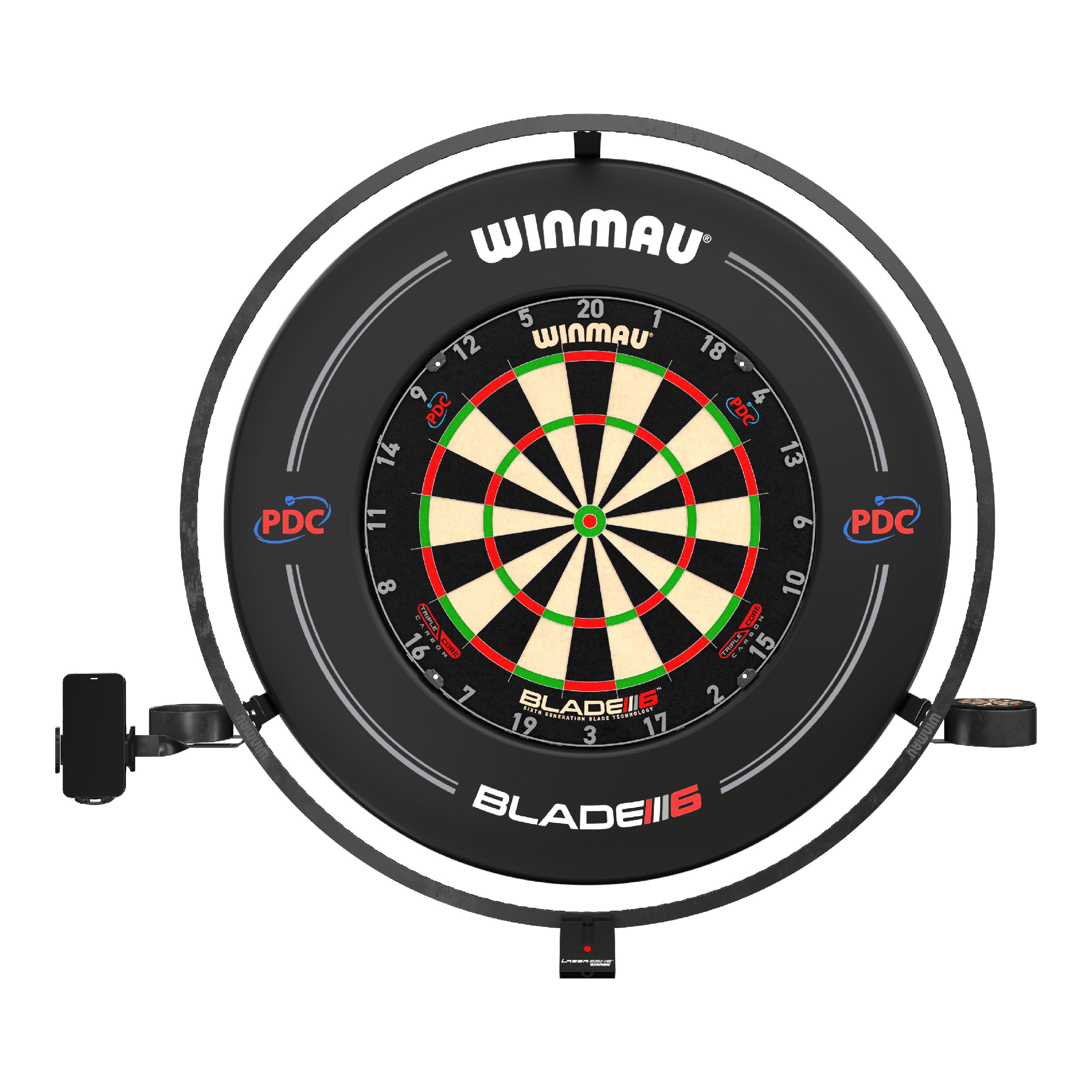 Sada příslušenství Winmau Plasma Das Bild zeigt das Produkt "Winmau Plasma Zubehör Set" mit einer Dartscheibe und einem umgebenden LED-Leuchtring. Das Set ist für professionelles Dartspielen geeignet und trägt das PDC-Logo.