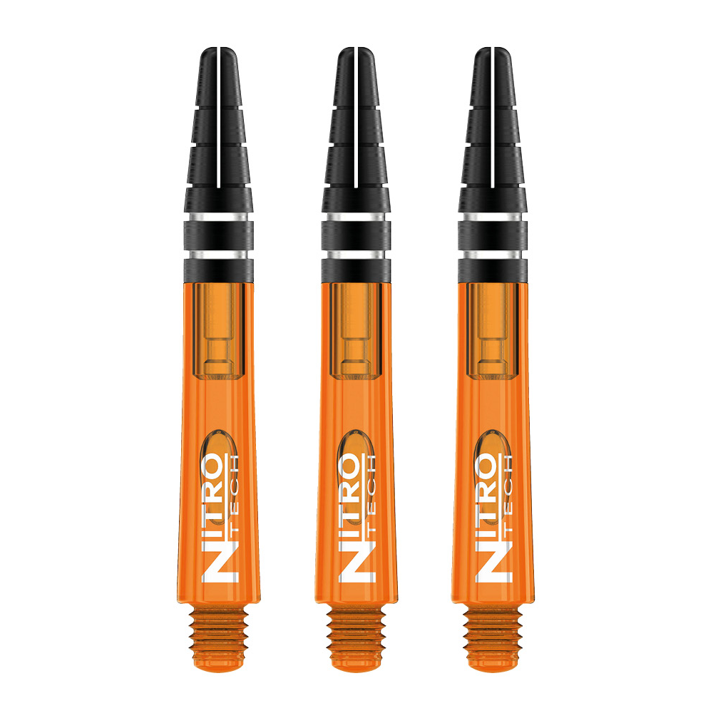 C522-Nitrotech-Orange-Short-H Das Bild zeigt drei orangefarbene RedDragon Nitrotech Shafts. Die Schäfte sind mit schwarzen und silbernen Akzenten sowie einem weißen Logo versehen.