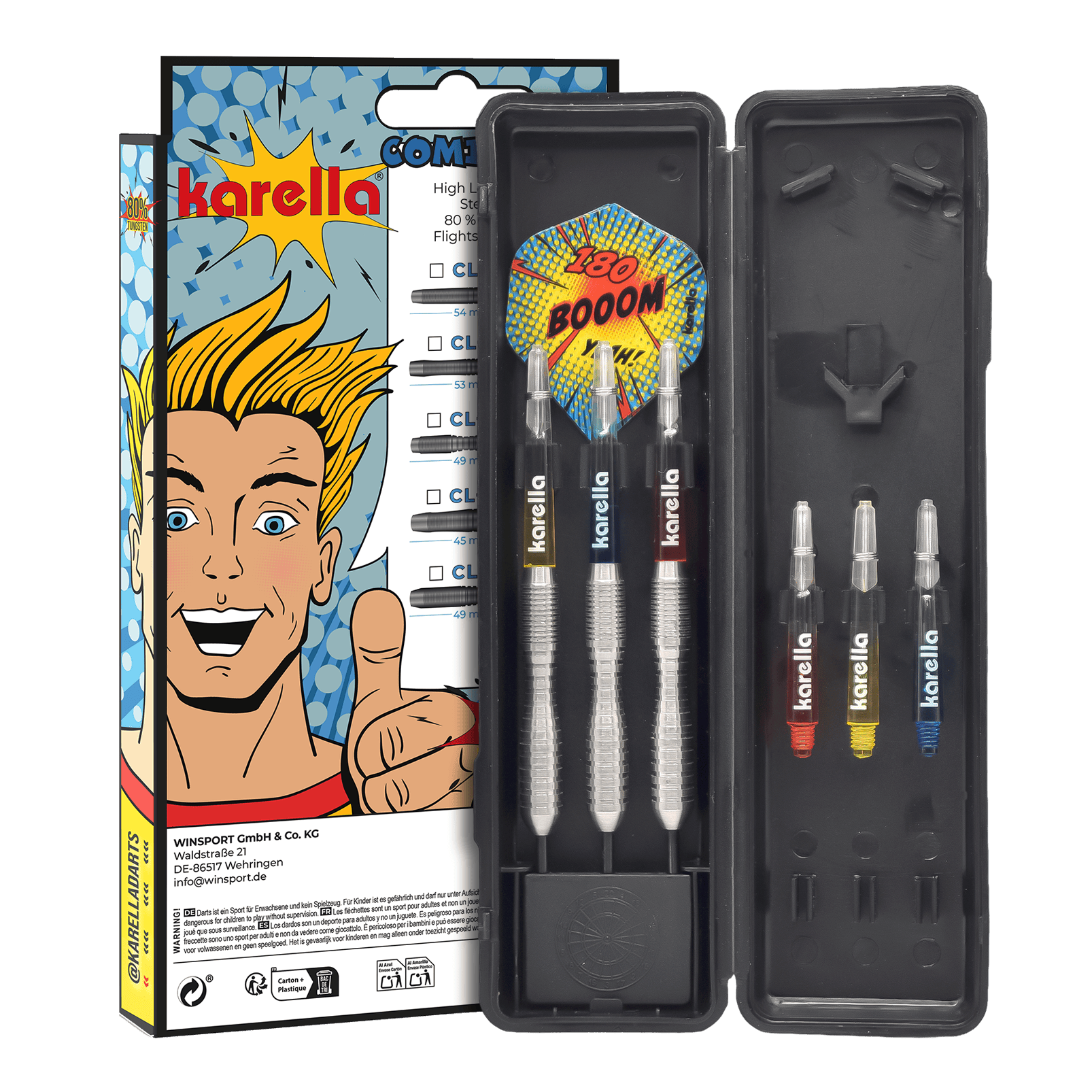 Ocelové šipky Karella Comic Line CL-3 - 24g Die Abbildung zeigt die Karella Comic Line CL-3 Steeldarts mit einem Gewicht von 24g. Die Darts sind für den professionellen Einsatz geeignet und haben ein ansprechendes Design.