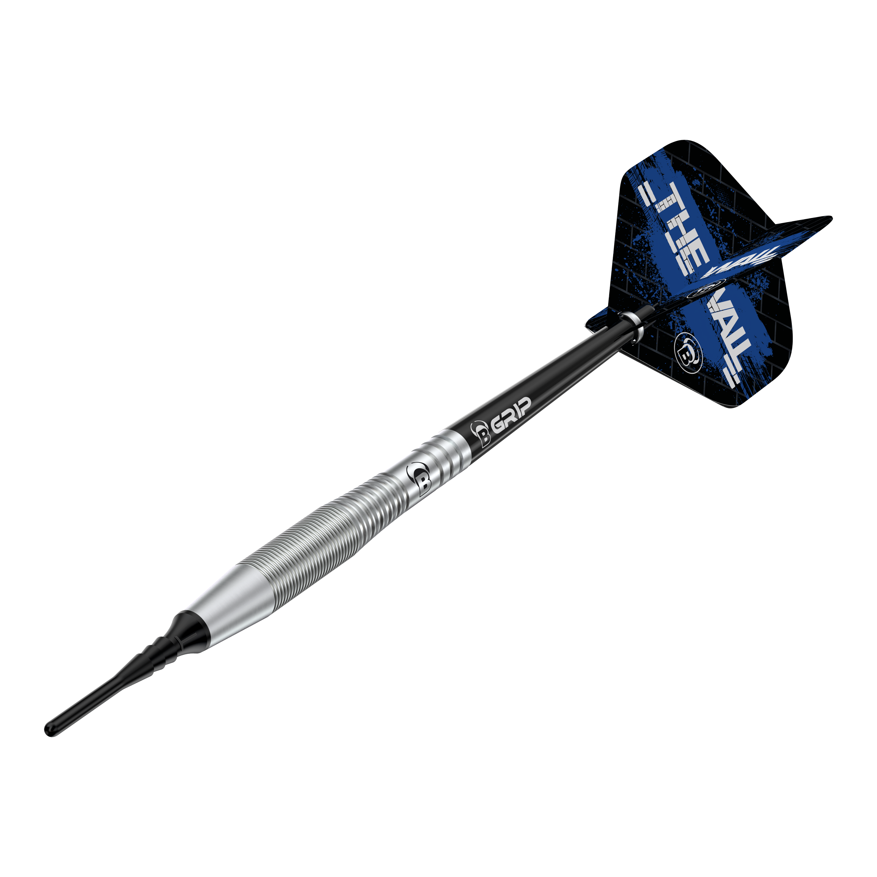 Auf dem Bild ist der Bulls Martin Schindler TW80 Softdart mit einem Gewicht von 18g zu sehen. Der Dart hat ein silbernes Barrel und schwarze Flights mit blauem Design.