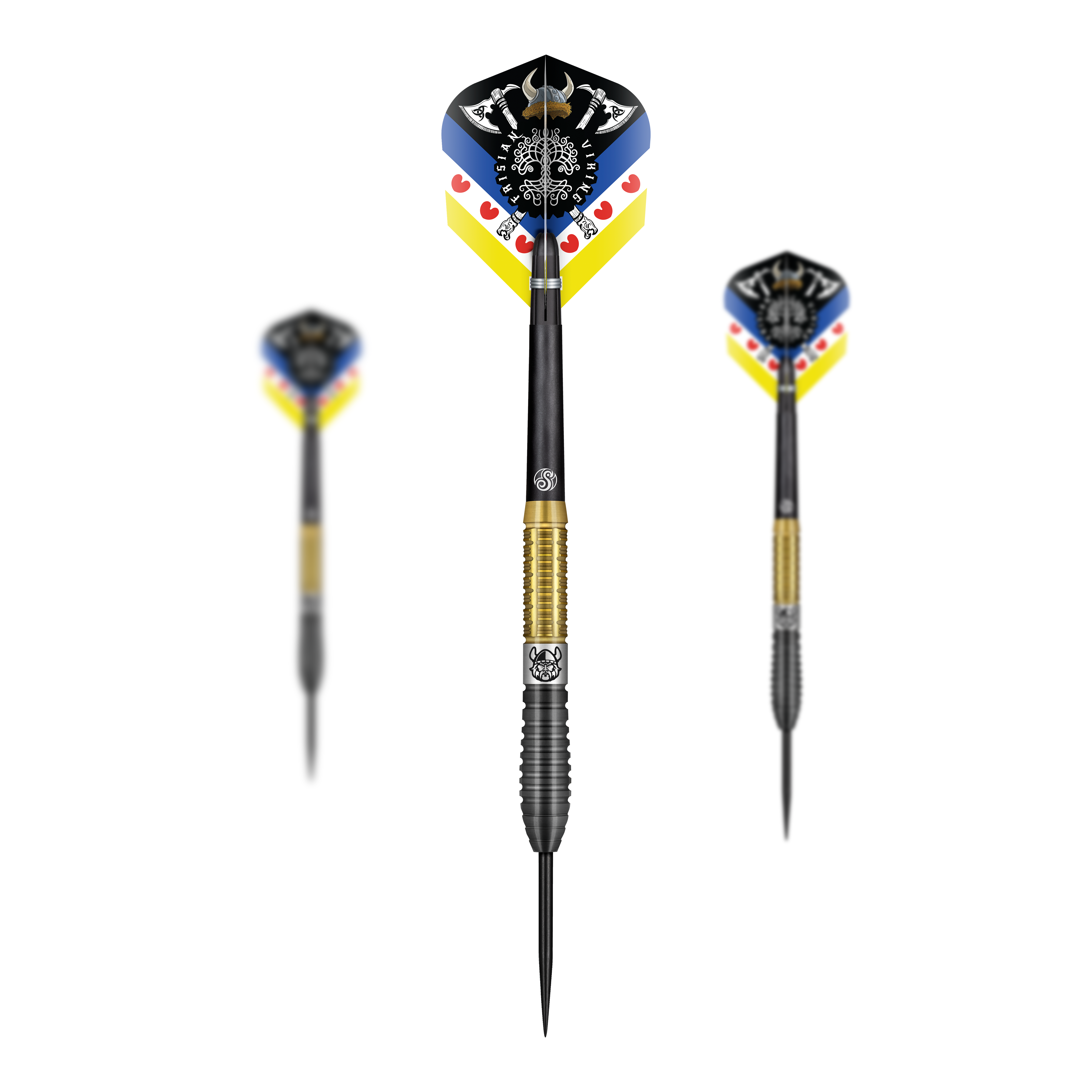 Das Bild zeigt den Steeldart "Shot Pro Series Jitse Van Der Wal" mit einem Gewicht von 24 Gramm. Der Dart hat einen schwarzen und goldenen Griff sowie bunte Flights mit auffälligem Muster.