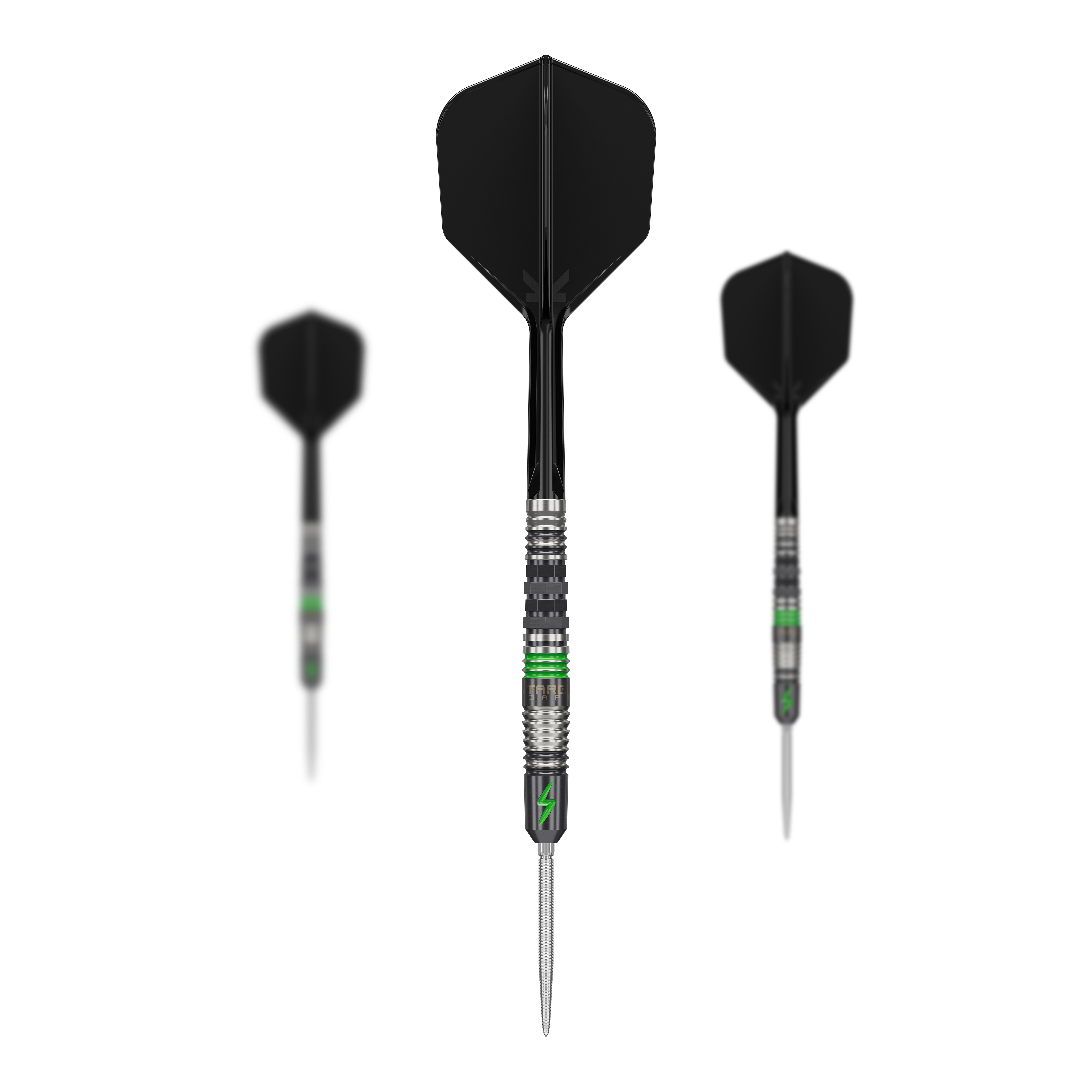 Das Bild zeigt drei Target Japan Black Marque Lightning 3 SP Steeldarts mit schwarzem Flight und silber-grünem Barrel. Die Darts sind modern gestaltet und besitzen eine schlanke, spitze Spitze.