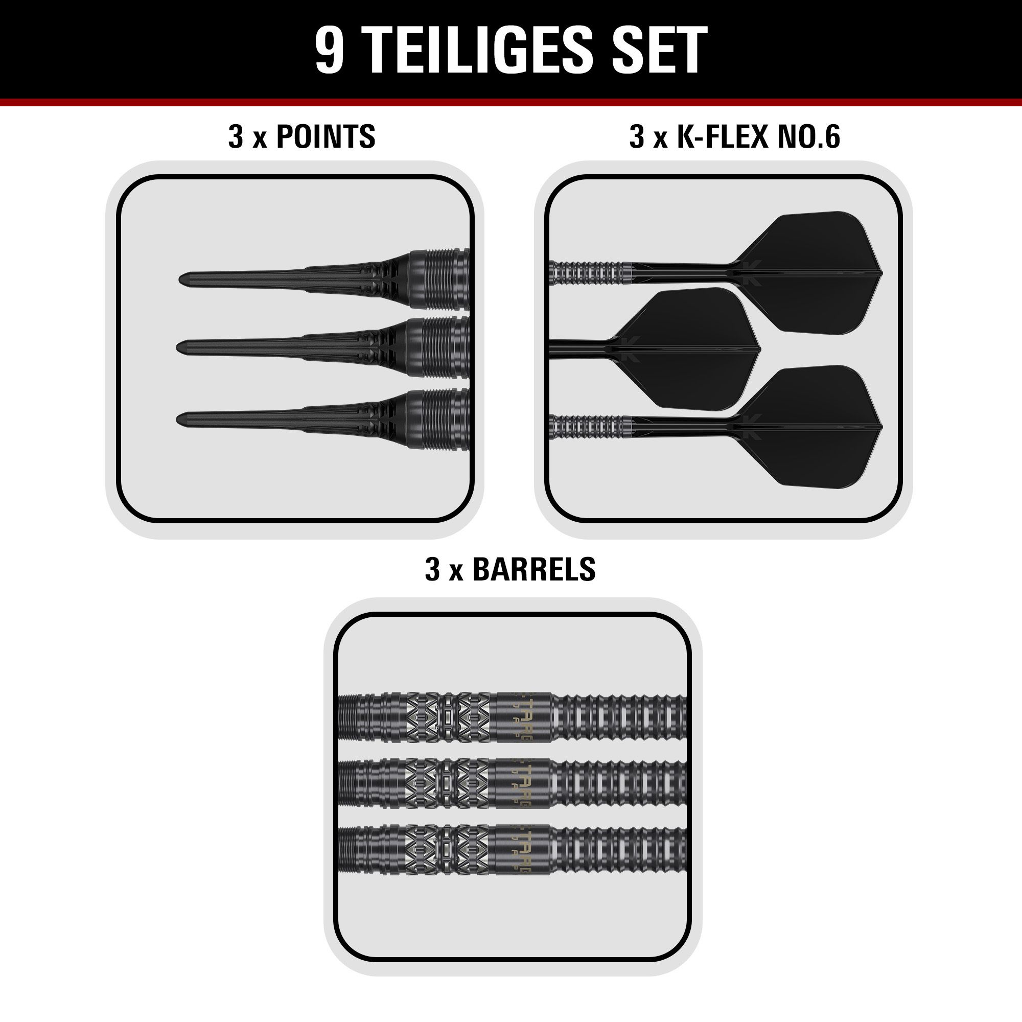 Produktbild der Target Black Marque Creed Softdarts mit einem Gewicht von 21,5g. Die Darts sind auf hellem Hintergrund abgebildet.