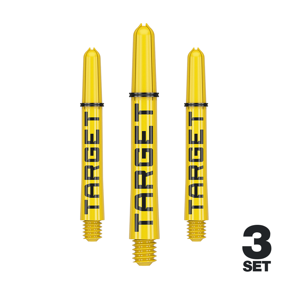 Násadky Target Pro Grip TAG - 3 sady - žluté Das Bild zeigt drei gelbe Dart-Schäfte mit der Aufschrift "TARGET". Unten rechts steht "3 SET", was auf ein Set mit drei Stück hinweist.