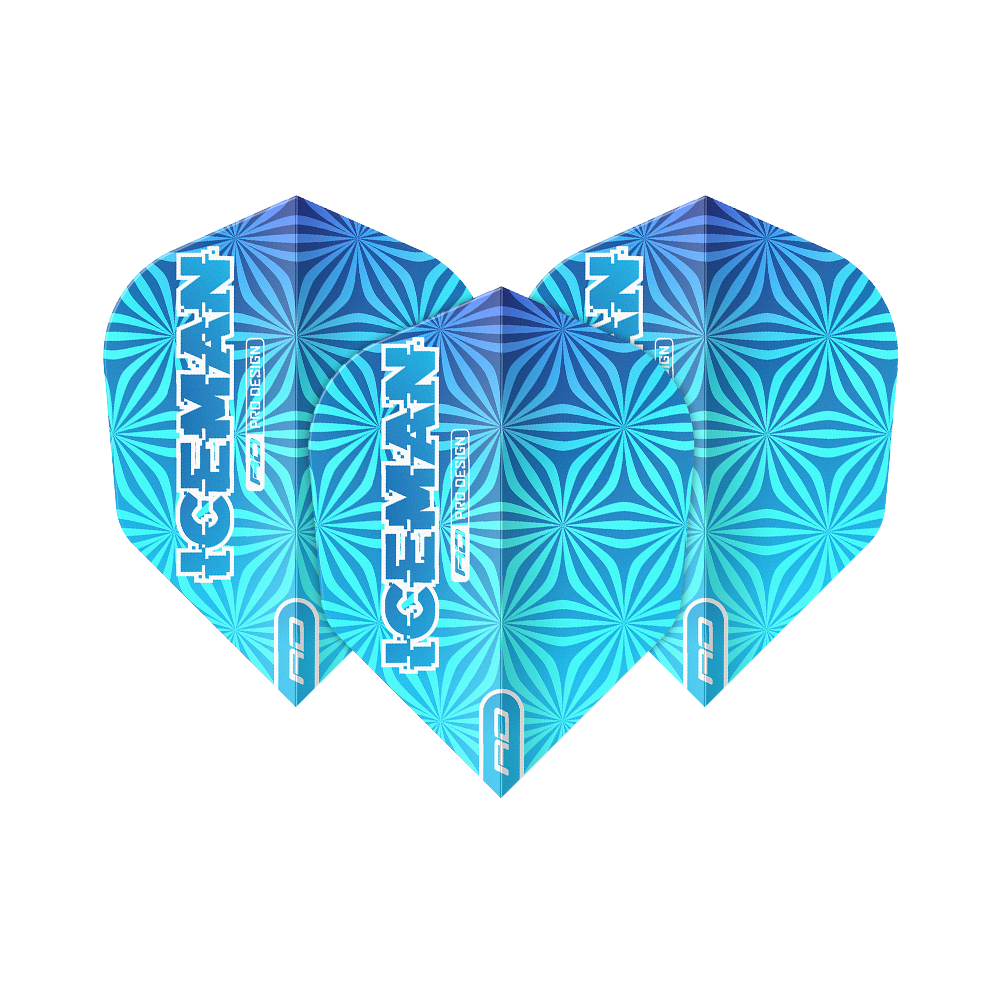 Das Bild zeigt drei blaue Dart-Flights mit geometrischem Muster und der Aufschrift "ICEMAN". Die Flights tragen das Logo "Red Dragon" und sind das Modell "Gerwyn Price Iceman Blue No6".