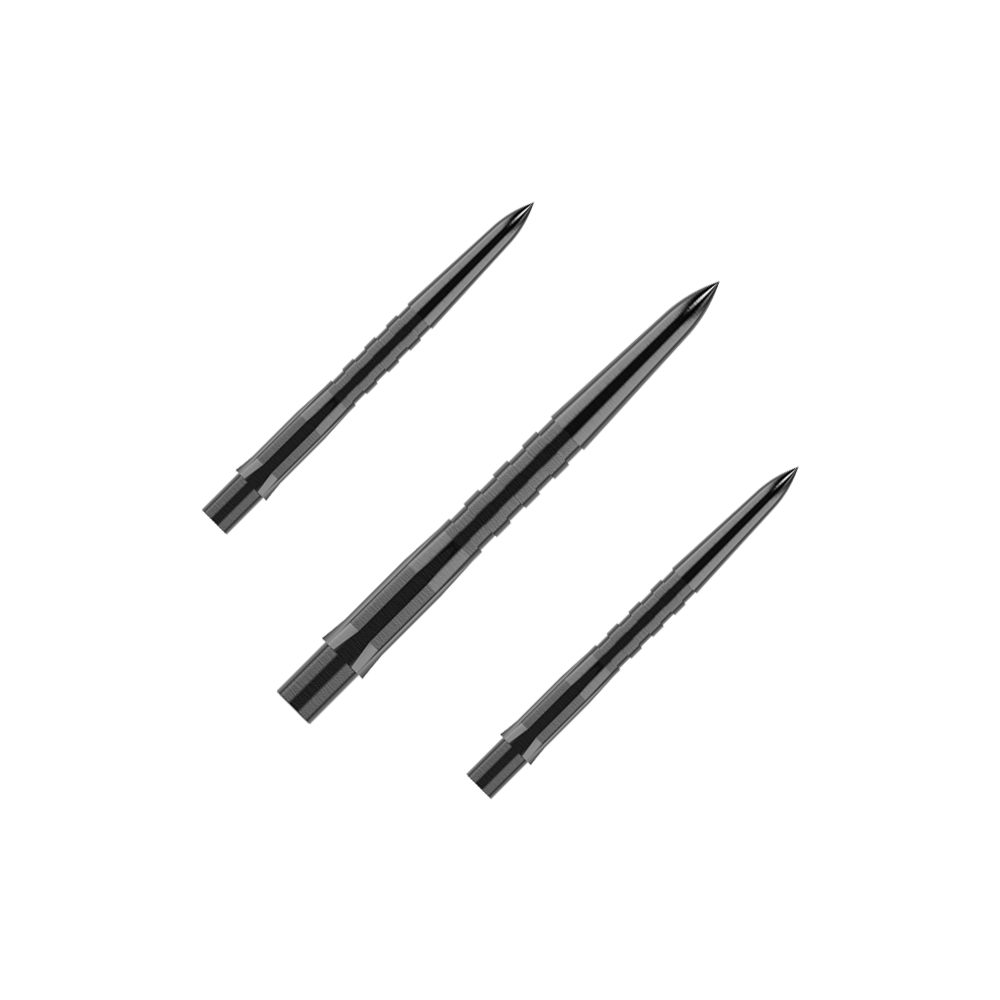 Špičky na šipky Mission Caliburn EVO - drážkované - černé Das Bild zeigt drei schwarze, gerillte Steeldartspitzen, die parallel zueinander liegen. Die Spitzen sind spitz zulaufend und haben eine glänzende Oberfläche.