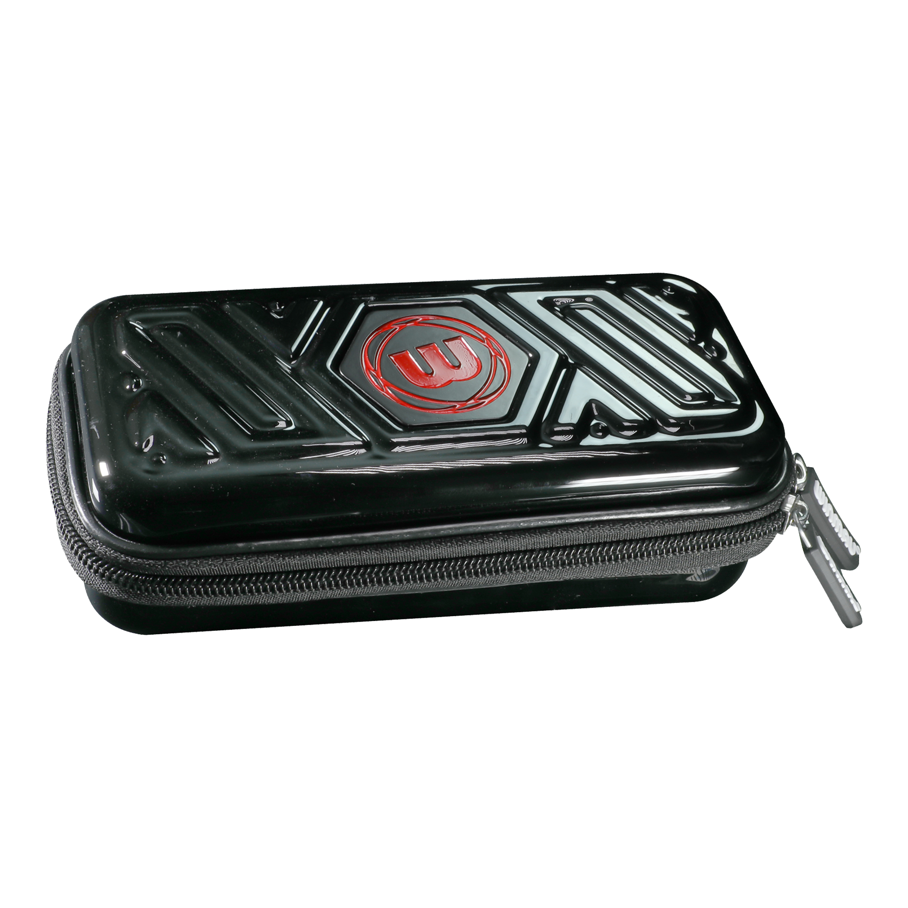 Peněženka Winmau Armor G1 Dart Das Bild zeigt ein schwarzes Dart-Etui mit einem Reißverschluss. Auf dem Etui ist ein rotes Logo zu sehen.