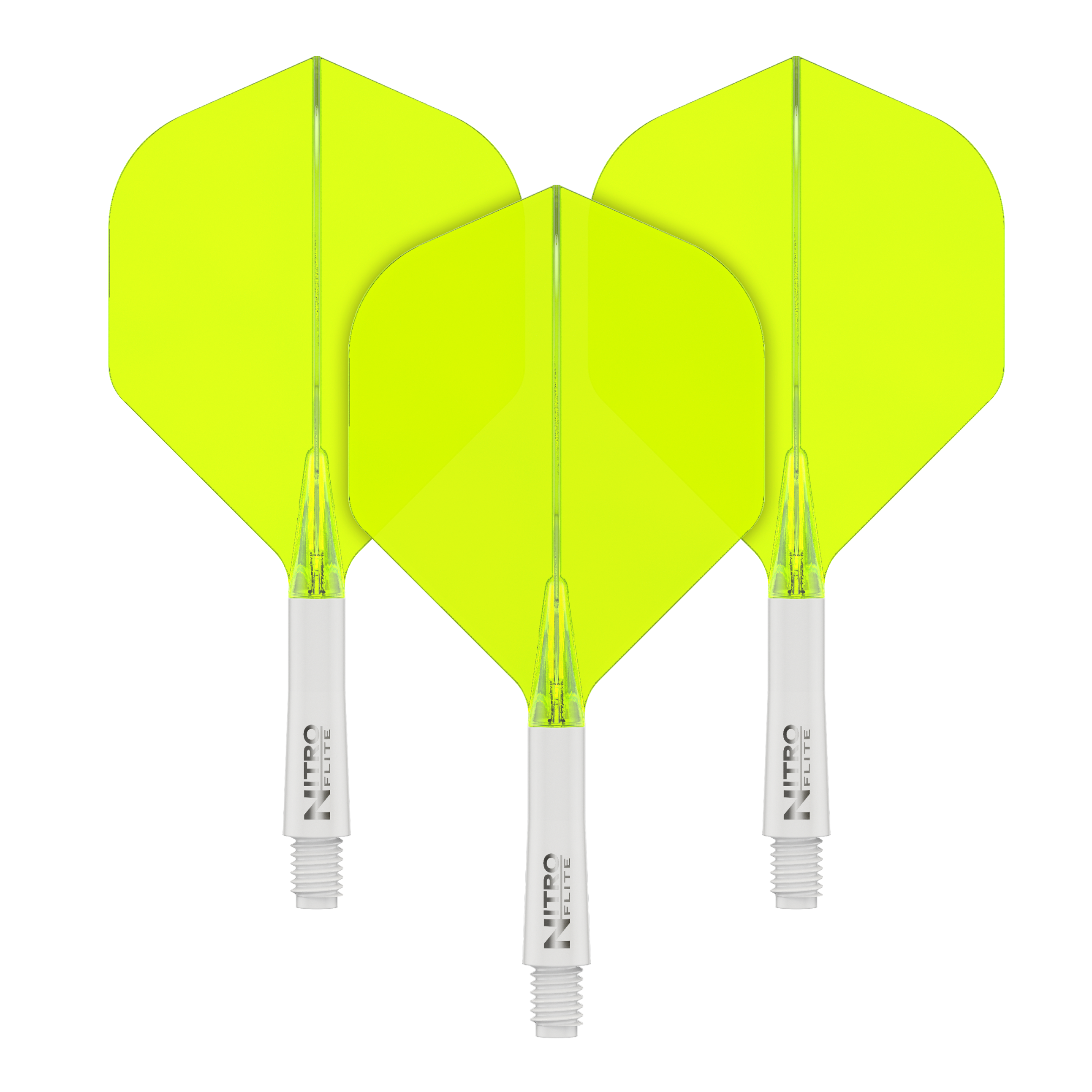 Red Dragon Nitroplite - Bílá šachta Žlutá č. 2 letky Auf dem Bild sind drei gelbe Dartflights mit weißen Schäften zu sehen. Sie stehen nebeneinander auf einem schwarzen Hintergrund.