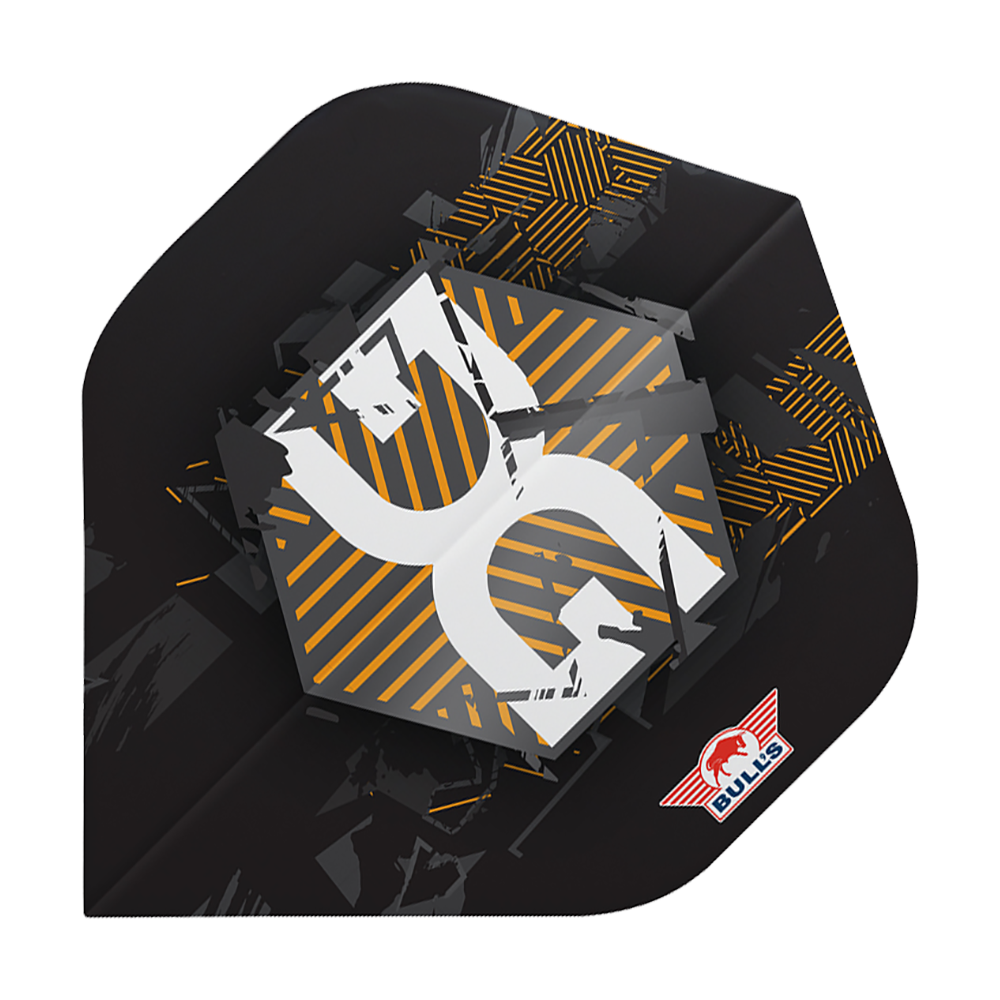 BU50920_BullsNL_Player_100_Martijn_Kleermaker_90_No2_Standard_Flights_1 Das Bild zeigt ein Dart-Flight mit einem modernen, schwarzen Design und gelben sowie weißen Akzenten. In der Ecke ist das rote Bulls-Logo zu sehen.