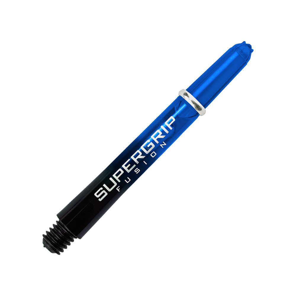 HR337_Harrows_Supergrip_Fusion_Shafts_Blau_40mm_2gcR6g7kFpMYKT Das Bild zeigt einen blauen Harrows Supergrip Fusion Shaft für Darts. Der Schriftzug "SUPERGRIP FUSION" ist auf dem Schaft gut sichtbar.