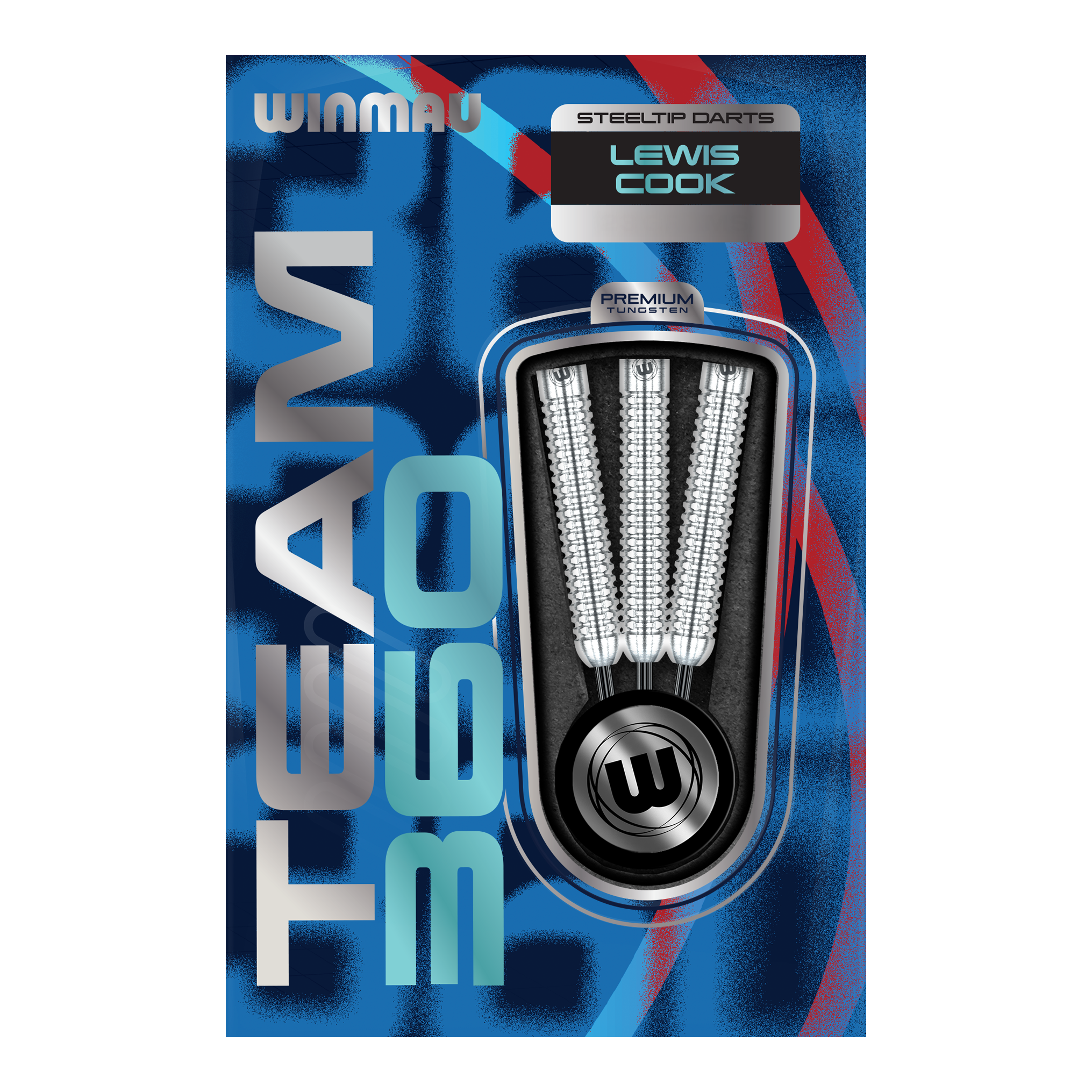 Das Bild zeigt Winmau Team 360 Lewis Cook Steeldarts mit einem Gewicht von 23g. Die Steeldarts sind detailliert von der Seite abgebildet.