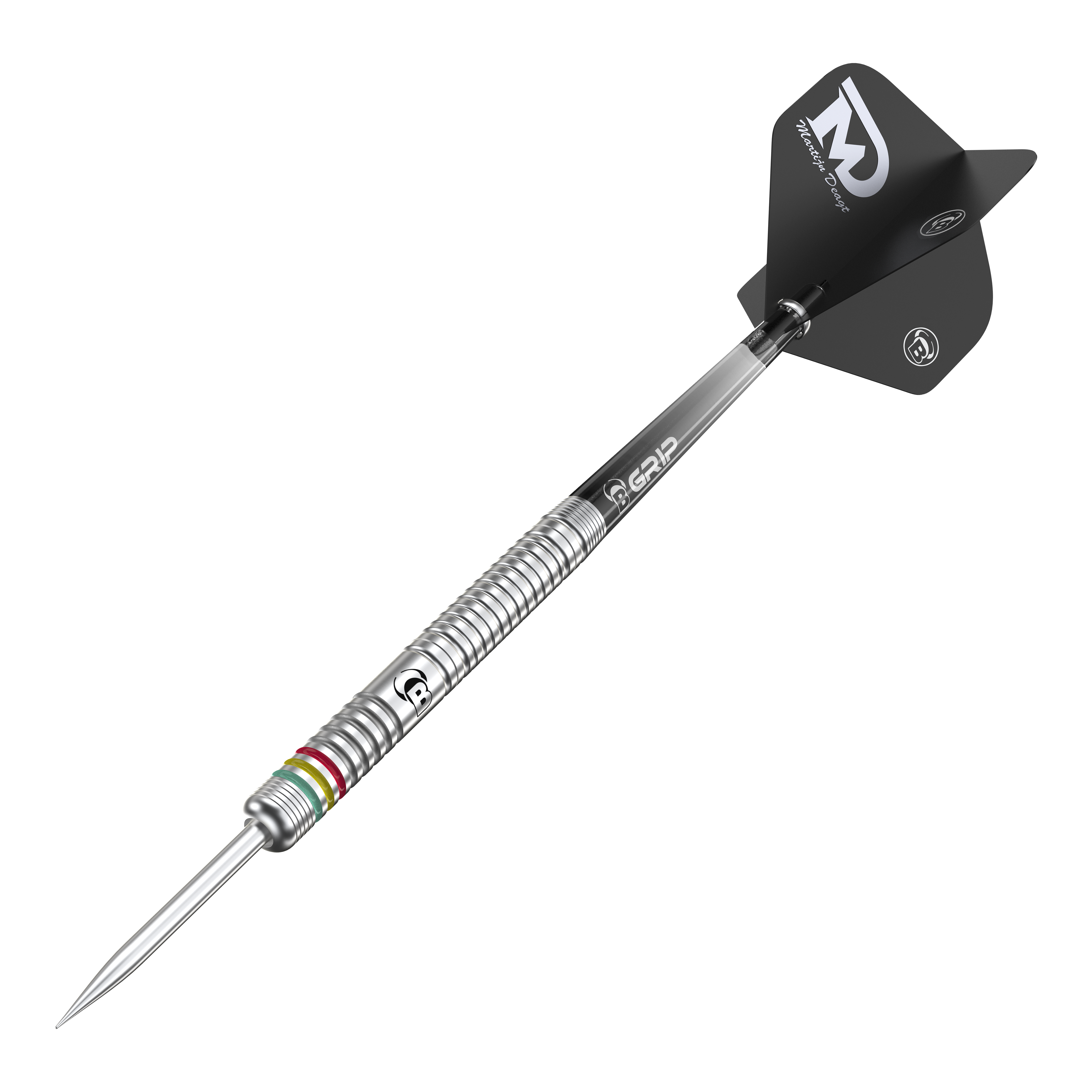 Auf dem Bild ist ein Bulls Martijn Dragt Steeldart mit einem Gewicht von 24g zu sehen. Der Dartpfeil hat einen silbernen, gerillten Schaft und schwarze Flights mit weißer Aufschrift.
