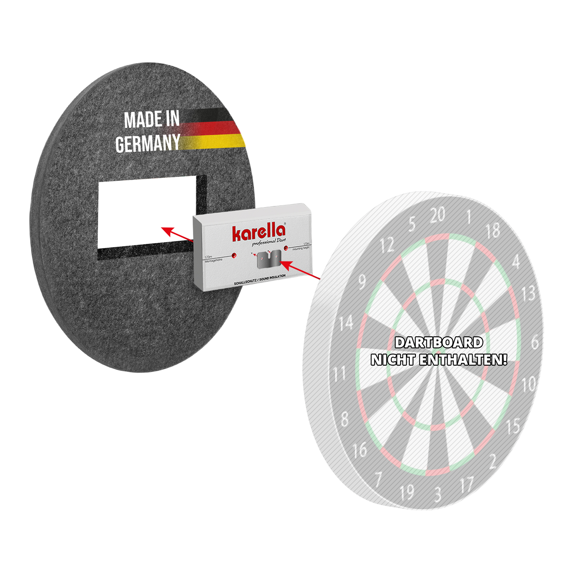 Kompaktní zvuková izolace Karella pro ocelové terče Kompakter Schallschutz Karella für Steeldartboards ist auf dem Bild zu sehen. Es handelt sich um einen schalldämpfenden Schutz für Steeldartboards.
